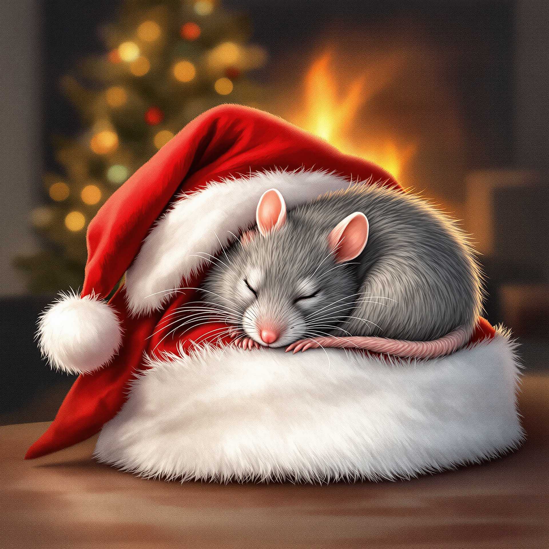 hyperrealism airbrushed watercolor illustration. a cute soft fuzzy gray rat curled up asleep on a red and white Santa hat. blurry fireplace, christmas tree bg.