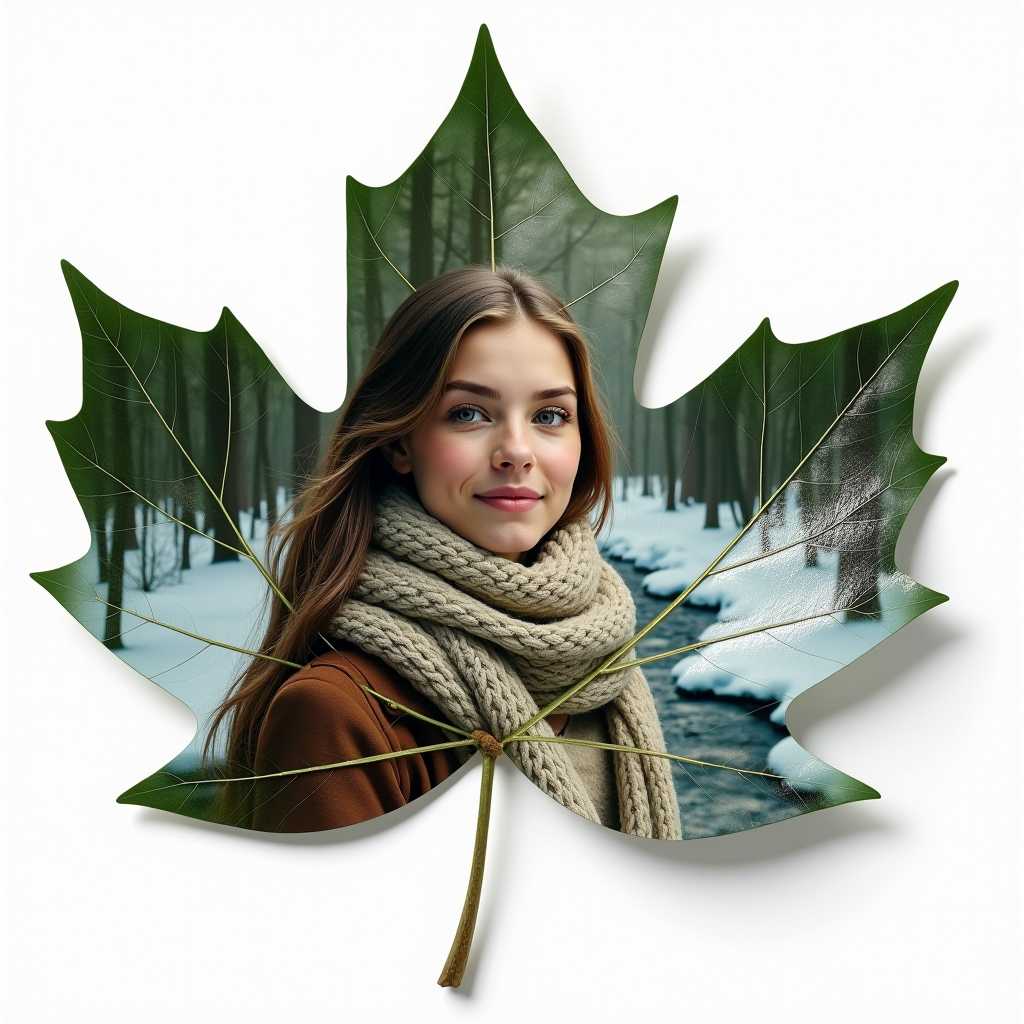 A photorealistic image of a beautiful young woman with scarf from a winter forest with snow and frozen stream is depicted on a tree leaf. Isolated on white surface.