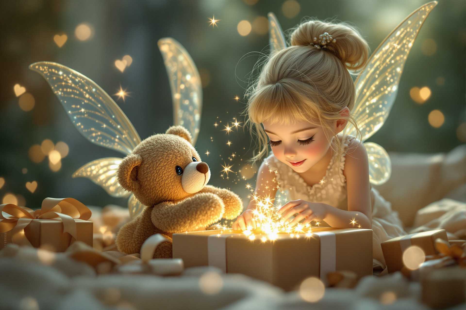photorealistic sweet cute beautiful  fantasy, magic a mini-Tinkerbellnymph with blonde hairbun, opening up a present. Light is illuminating from inside the present and shines on her face as she looks into the gift box with pure joy while lifting up a teddy boy. Ultra detailed, ultra realistic, photo quality image