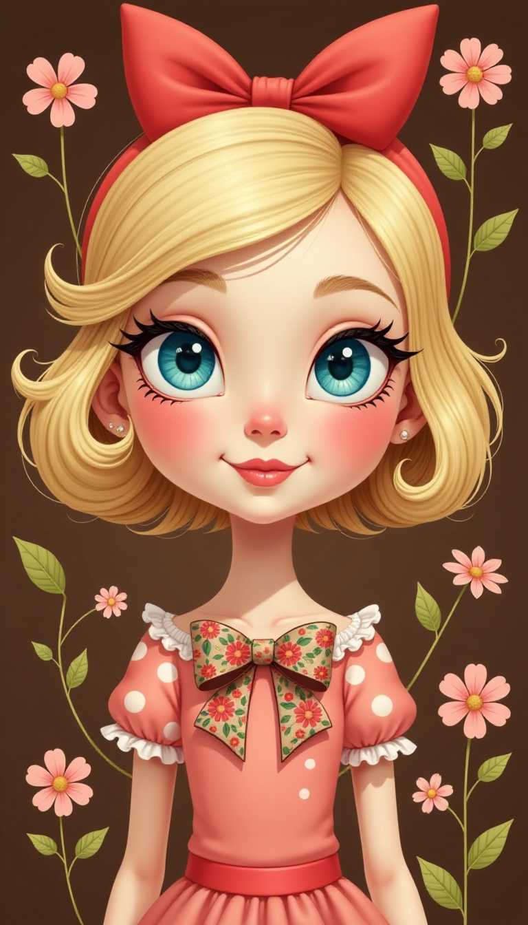 This image is a stylized illustration of a girl with exaggerated features that are typical in caricature or fantasy art. The girl has large, expressive blue eyes with long, curled eyelashes, and her eyebrows are thick and arched. Her hair is short and bobbed, with a distinct side parting, and its a light blonde color. On top of her head, theres a large red bow that stands out against her hair.She has a fair complexion with rosy cheeks and a small, upturned nose. Her lips are painted a soft pink, and she has a gentle, content smile. The girl is wearing a shortsleeved, polkadotted pink dress with a ruffled collar. Around her neck, she has a large, ornate bow with a floral pattern in a shade of brown, which adds a touch of elegance to her outfit.The background of the image is a rich, dark brown, which contrasts sharply with the bright colors of the girls hair, bow, and dress. There are scattered pink flowers with green leaves, and small white flowers that resemble daisies, which add a touch of whimsy to the composition. The flowers are drawn in a simple, stylized manner, with a focus on their shapes and colors rather than detailed petals or textures.The overall art style of the image is reminiscent of pop art or contemporary illustration, with a focus on bold lines, bright colors, and a playful, charming subject. The medium appears to be digital, given the smooth gradients and lack of texture, although the artist has used shading and highlights to give depth and dimension to the girls features and the flowers.