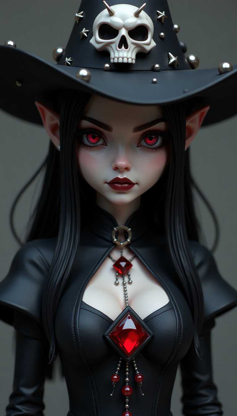 This image is a closeup of a stylized, threedimensional character that appears to be a female figure. The character is wearing a dark, gothic outfit with a high, pointed hat that has a skull motif at the top. The hats brim is wide and black, with a few small, starlike embellishments scattered around.The characters skin is a pale white, and her eyes are a deep, bloodred, which gives her a somewhat menacing appearance. Her eyebrows are thick and dark, and her lashes are long and curled, adding to the intensity of her gaze. Her lips are painted a deep, rich red, and her expression is one of stern determination or anger.She is wearing a black, highnecked dress with a fitted bodice that is adorned with a large, squareshaped, red gemstone in the center. The dress has a flared skirt that drapes elegantly around her figure, and it is embellished with a cascade of smaller red gemstones and beads that hang down her back.The overall art style of the image is reminiscent of fantasy or gothic art, with a focus on detailed textures and a threedimensional quality. The medium appears to be a digital rendering, given the smooth gradients and lighting effects.The colors in the image are primarily dark and moody, with a stark contrast between the pale skin, the deep reds of the eyes and lips, and the black of the outfit. The red gemstones add a pop of color to the otherwise monochromatic scheme, and the lighting in the image gives a sense of depth and shadow, enhancing the gothic feel of the characters appearance.
