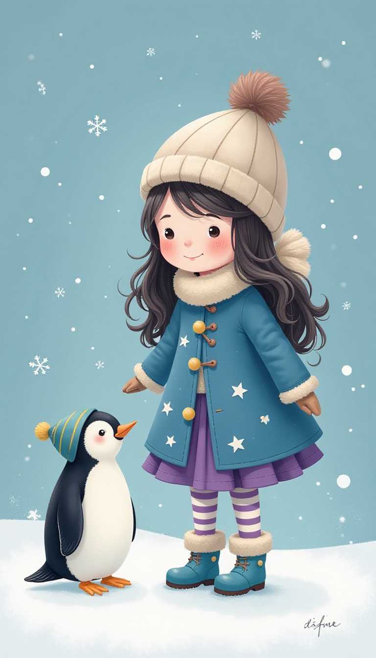 This image is a charming winter scene, likely created digitally, given the smooth blending of colors and the crispness of the snowflakes. The art style is whimsical and childlike, with a softness that evokes a sense of warmth and comfort. The medium appears to be a digital illustration, with a high level of detail and attention to texture.The colors in the image are cool and muted, with a predominance of blues, purples, and whites, which are typical of a winter palette. The girls attire is a mix of these cool colors with pops of warmer tones, such as the brown and white of her hat and the yellow of her boots, which add a cozy contrast. The penguin, too, has a black and white color scheme, which is fitting for its natural habitat.The objects in the image are as follows1. The girl is the central figure. She is wearing a longsleeved, starpatterned blue coat with a furlined hood and pompom trim. The coat has a purple lining and a matching purple skirt. Her legs are covered in striped leggings, and she is wearing a pair of blue boots with a star on the side. She has long, curly hair that falls past her shoulders, and she is wearing a striped hat with a pompom on top.2. To her left is a small, cartoonish penguin. It has a white belly and a black back, with a small yellow beak and feet. The penguin is looking up at the girl, and it seems to be in a friendly pose.3. The background is a snowy landscape with falling snowflakes. The snowflakes are white with a hint of blue, and they are scattered throughout the scene, giving a sense of a gentle snowfall.4. The snow beneath the girl and the penguin is white and textured, giving the impression of a soft, powdery snow.Overall, the image is a delightful winter scene that captures the innocence and joy of a snowy day. The characters are endearing and the details are carefully crafted to create a warm, inviting atmosphere.