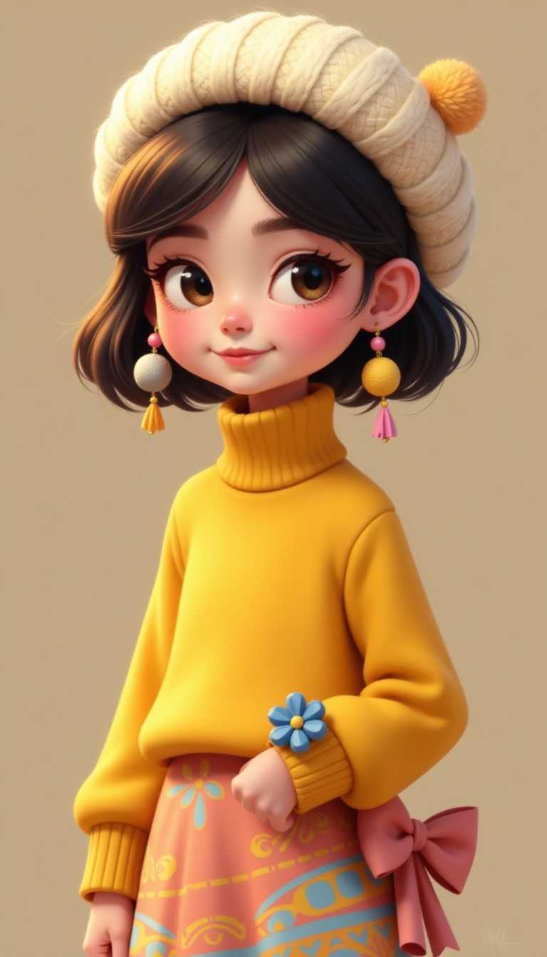 This image is a digital illustration of a stylized character with a very detailed and expressive appearance. The art style is reminiscent of contemporary digital painting techniques, with a focus on smooth gradients and soft shading that gives the character a threedimensional form.The medium appears to be a digital painting software, given the clean lines and lack of texture that one might find in traditional mediums like oil or watercolor. The colors are vibrant and carefully chosen to create a harmonious and inviting palette. The character is wearing a yellow top with a high neckline and long sleeves, detailed with a patterned cuff at the wrist. The top is paired with a skirt that has a similar pattern and color scheme, with a gradient of colors at the hem, transitioning from a light to a darker shade.The character is accessorized with a creamcolored beret, adorned with a pink bow on the side and a blue flower at the front. The beret has a soft, knit texture that is rendered with a realistic sheen, indicating a woolen material. The beret is complemented by a pair of earrings, one with a large yellow bead and the other with a smaller gray bead, both hanging from delicate chains with tassels.The background is a simple, neutral brown, which serves to highlight the character and her clothing. The lighting in the image is soft and diffused, casting a gentle glow on the characters face and highlighting the textures of her clothing and the beret. The overall effect is one of warmth and coziness, with a touch of whimsy added by the characters large, expressive eyes and the playful accessories.