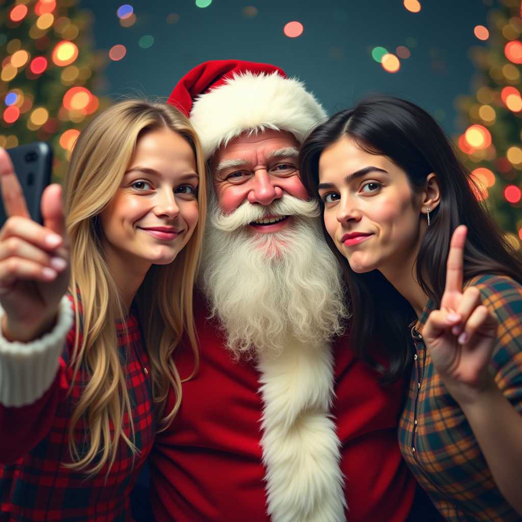 airbrushed oil style, in the center of the photo is santa who is smiling with two sassy whimsical caricatures, blond/black haired 16 year old girls with messy hair. one girl is holding a cell phone taking selfies with santa. the other girl is flashing the peace sign. the girls are making silly quirky faces, lips scrunched up. bkg blurry colorful Christmas lights