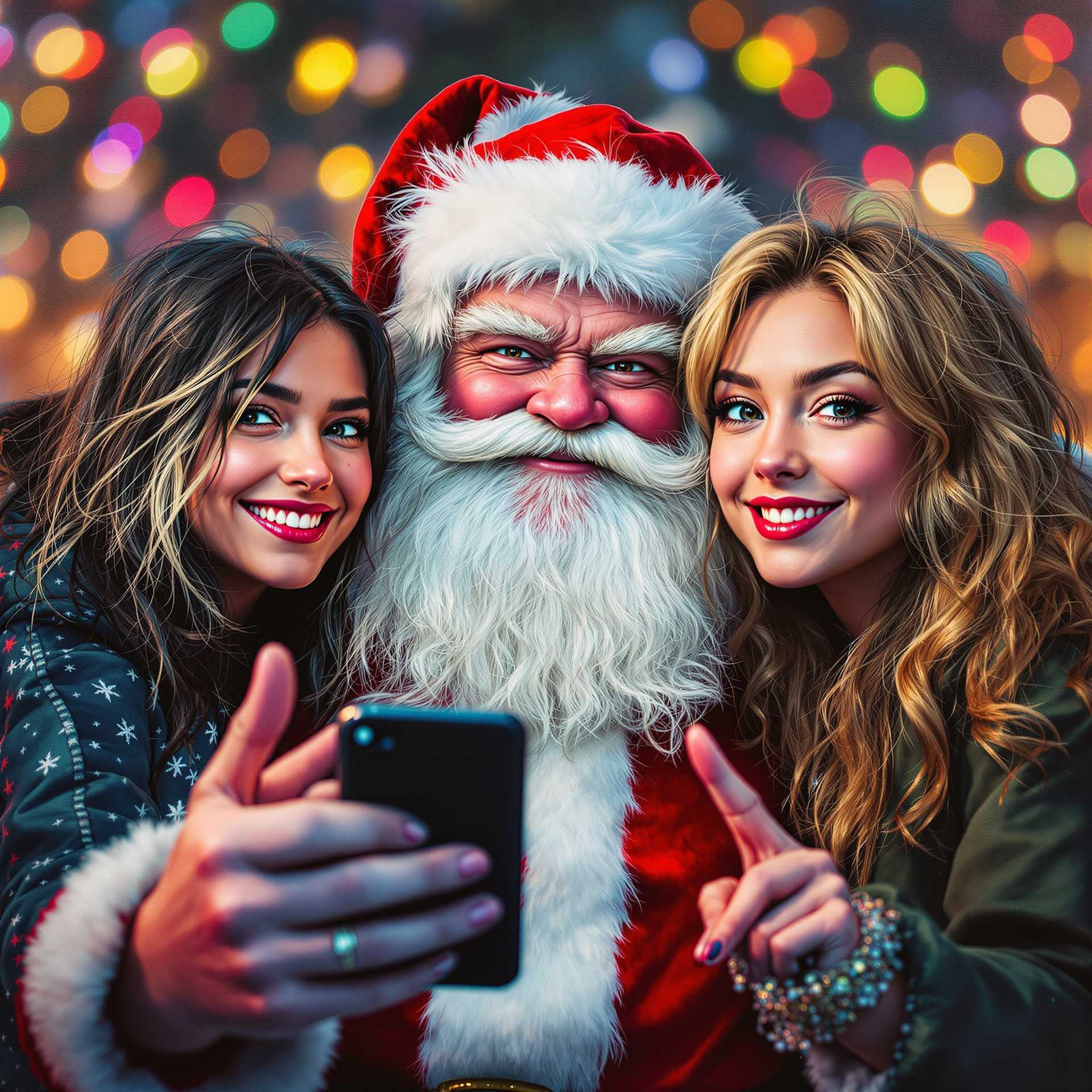 airbrushed oil style, in the center of the photo is santa who is smiling with two sassy whimsical caricatures, blond/black haired 16 year old girls with messy hair. one girl is holding a cell phone taking selfies with santa. the other girl is flashing the peace sign. the girls are making silly quirky faces, lips scrunched up. bkg blurry colorful Christmas lights