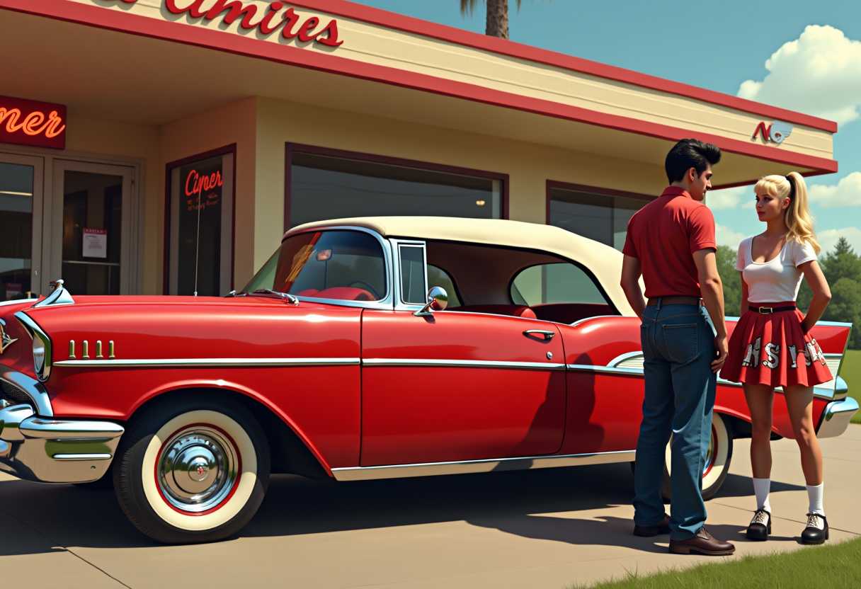 A detailed image of a red 57 Chevy seen from  the side. Standing next to the Chevy is a young man with black hair  slicked back in the style of Elvis. Beside the car is a teenage girl  with a blond ponytail and wearing a skirt with an applique poodle on it,  saddle shoes and white socks. Background is a diner. Realistic.