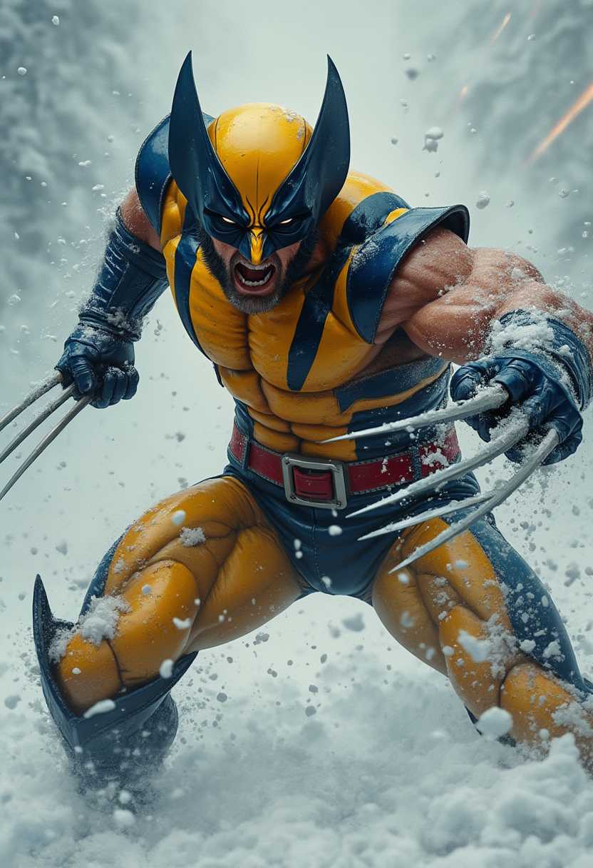 Hyper-realistic rough painterly-styled matte painting: Wounded, masked Wolverine, furiously strikes toward the viewer. He has stocky, muscular build, wearing ripped yellow and blue body suit with black stripes. Long, sharp, adamantium claws extended from his knuckles. He is engulfed in whiteout conditions, swirling snow, and buffeting winds. His piercing eyes convey a sense of intensity and determination. The image is captured from a dynamic angle, with intricate details, and a mix of blur effect and sharp focus.