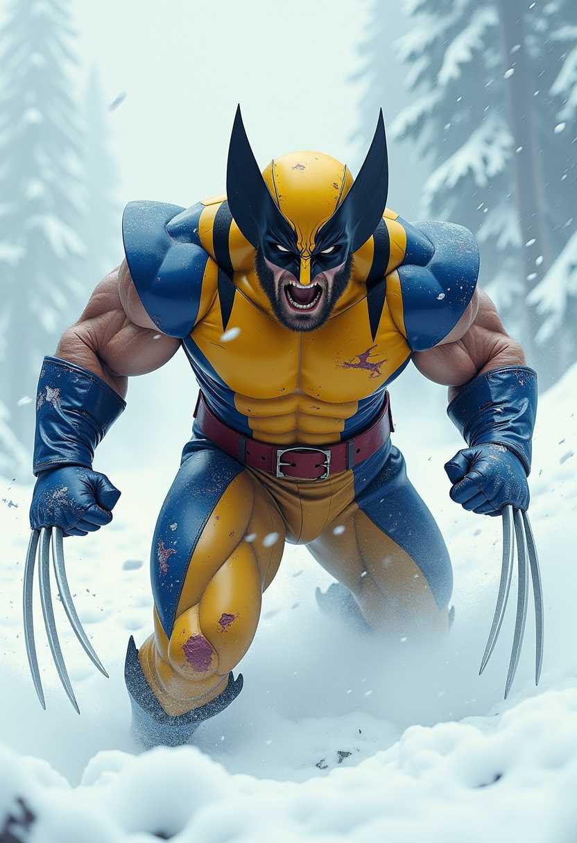 Hyper-realistic rough painterly-styled matte painting: Wounded, masked Wolverine, furiously strikes toward the viewer. He has stocky, muscular build, wearing ripped yellow and blue body suit with black stripes. Long, sharp, adamantium claws extended from his knuckles. He is engulfed in whiteout conditions, swirling snow, and buffeting winds. His piercing eyes convey a sense of intensity and determination. The image is captured from a dynamic angle, with intricate details, and a mix of blur effect and sharp focus.