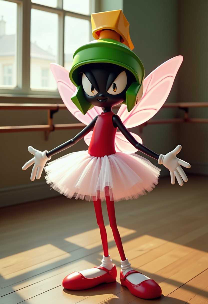 Create an image of [Marvin the Martian] as a fairy. He is wearing a  a white tutu.  The wings and the tutu and the toe shoes are light pink.  Show a ballet studio with bars in the background.