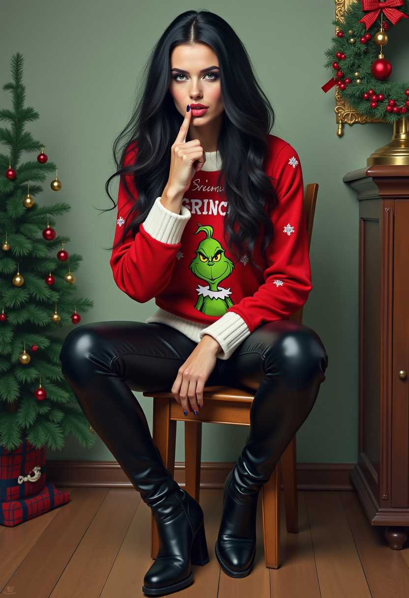 Full body image, oil painting of  beautiful mischievious Caucasian woman with  long, luxurious black hair, half-closed green eyes, lavender eyeshadow, red slightly pouting lips Burtonesque style, wearing a long red Christmas sweater with the Grinch on it and text 'Grinch Please!' on it, leather pants, knee-high heeled boots, sitting on a stool with legs apart, with a bad attitude as symbolized with her mischievous finger, waiting to get her picture taken. Colorful BG. A Christmas tree on the floor beside her.