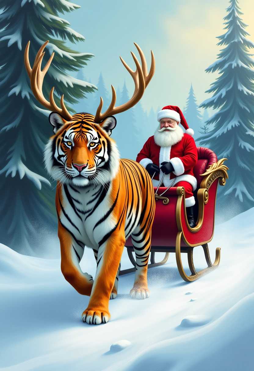 hyperrealism oil paints airbrushed illustration. a tiger with massive antlers, is harnessed to and pulling Santa's sleigh. Santa Claus in the sleigh holds the reins. pine trees, snow, mist bg. Center the animal and sleigh in the frame.