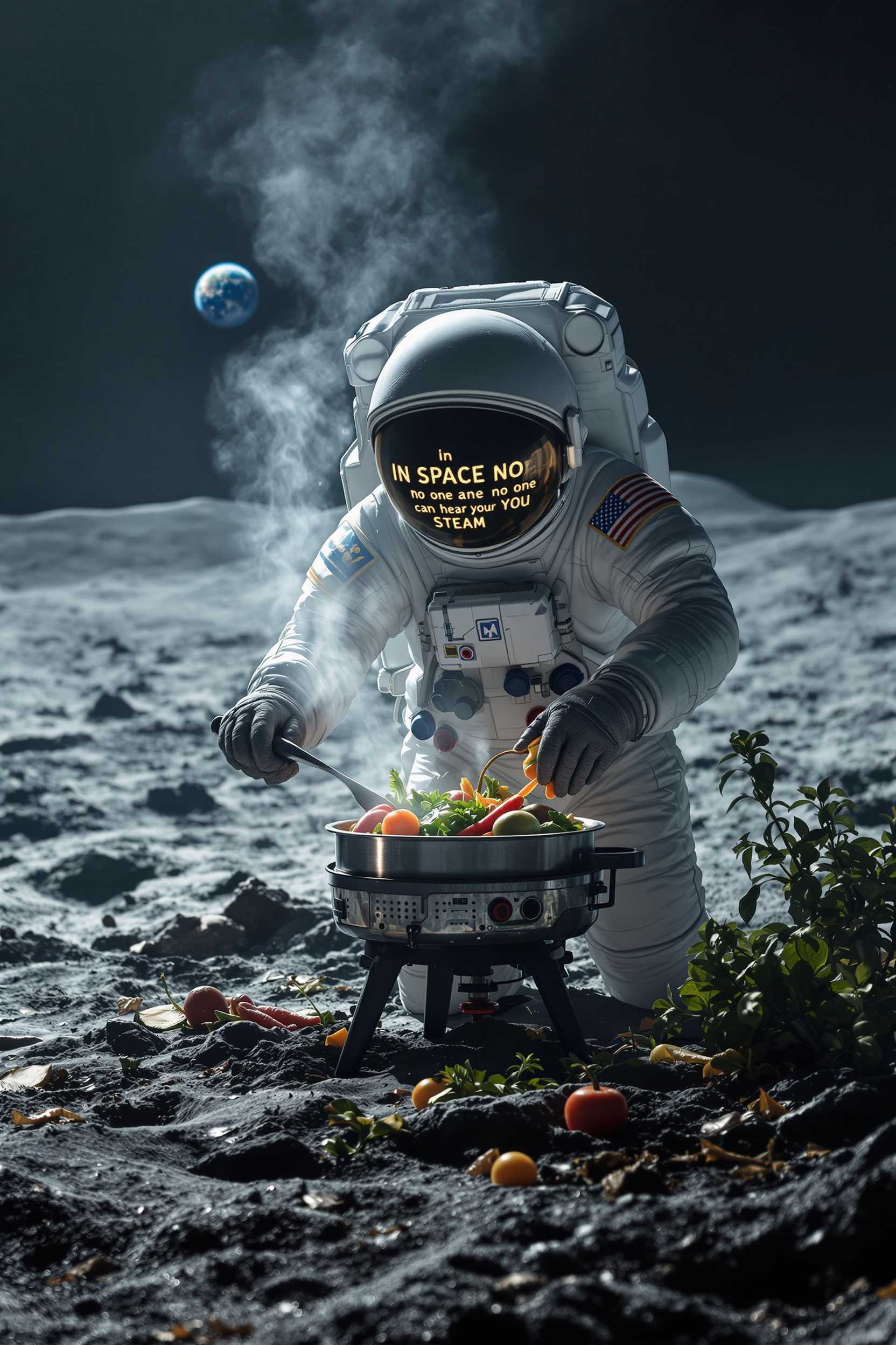 Create this cinematic photo. On the lunar surface. An astronaut uses a steamer to cook vegetables. The scene is dimly lit, and mist hangs in the air. Earth can be seen in the background. Add the words "In Space no one can hear you STEAM"