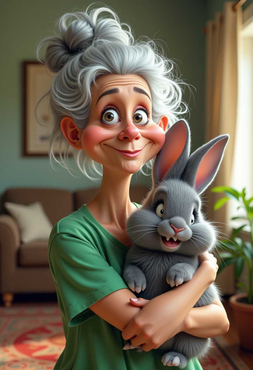 digital funny close-up caricature of a whimsical cartoon styled quirky, crazy grandma, grey hair in messy bun wearing green floral t-shirts,  exaggeratedly smiling in front of the camera. holding a big gray long-haired rabbit a blurry living room in the background