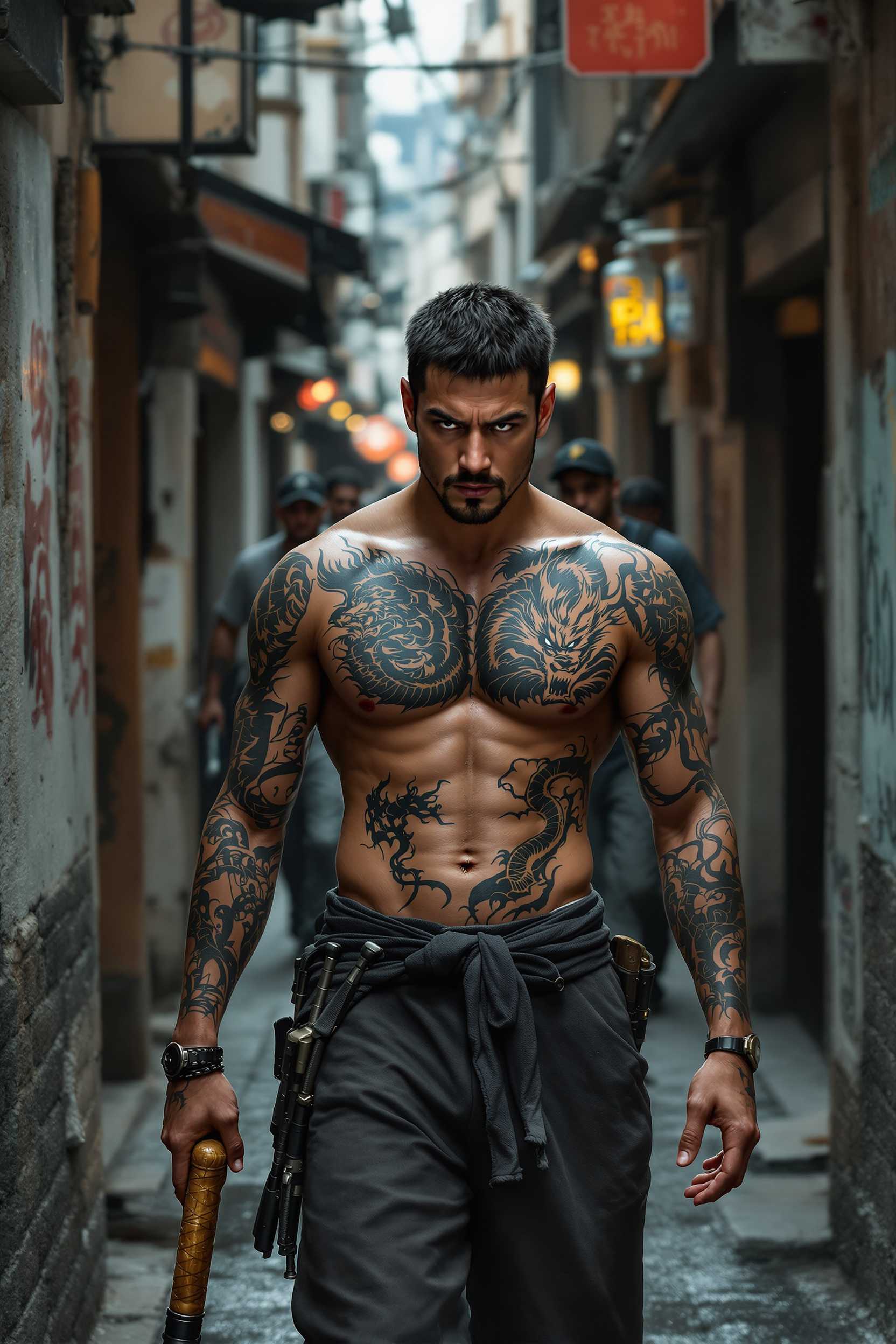 Ultra HD. Ultra realistic photos with high resolution and very high image clarity. A young Japanese man with tattoos all over his body and a large dragon tattoo on his stomach walks down a narrow alley with a rugged face in a corner of the city. In front of baseball bats and men are several men with sharp weapons, depicted like a scene from an action movie