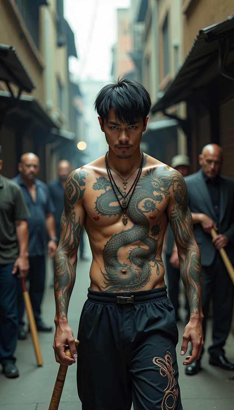 Ultra HD. Ultra realistic photos with high resolution and very high image clarity. A young Japanese man with tattoos all over his body and a large dragon tattoo on his stomach walks down a narrow alley with a rugged face in a corner of the city. In front of baseball bats and men are several men with sharp weapons, depicted like a scene from an action movie