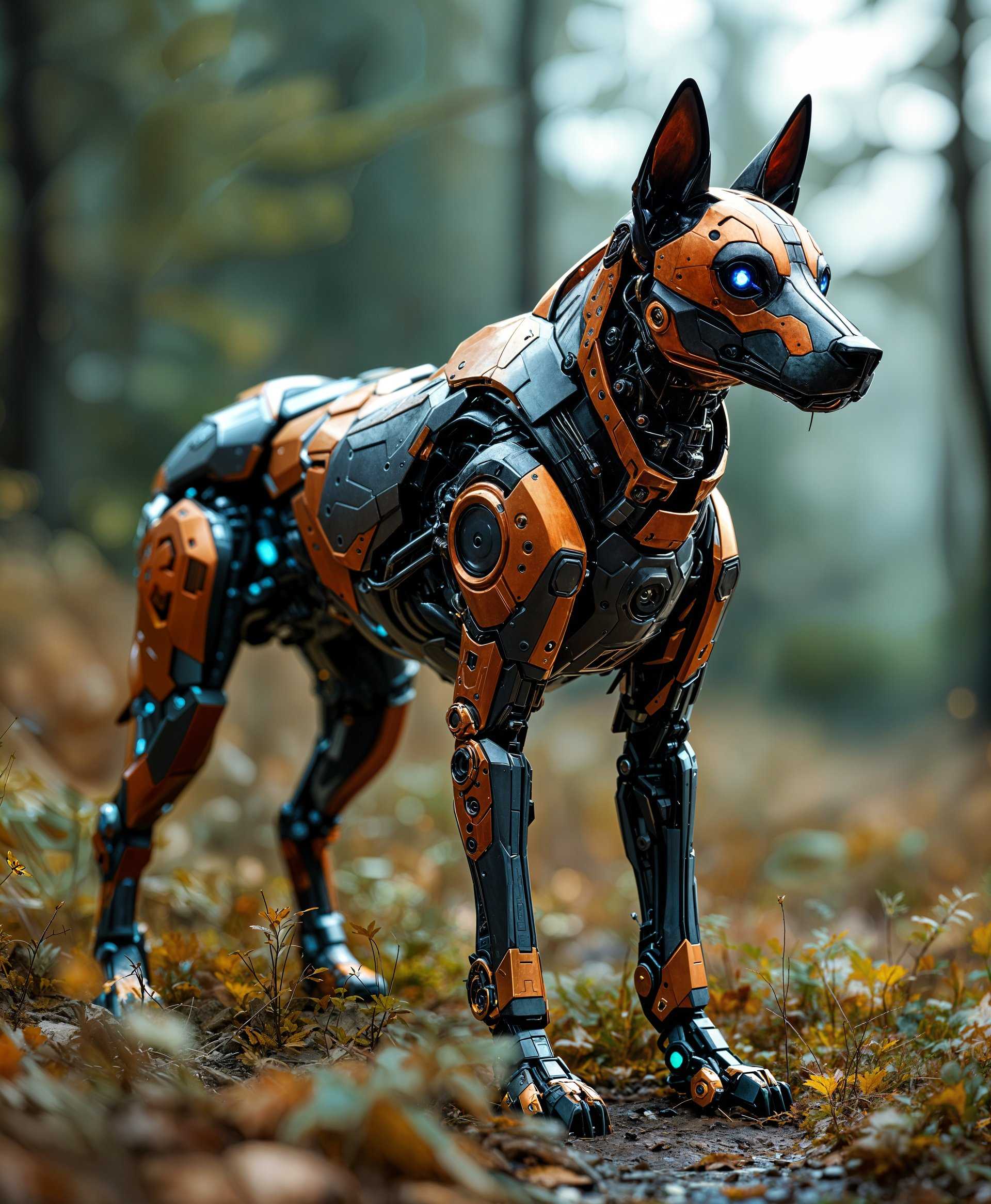 masterpiece, best quality, highres, sharp image, more detail <lora:more_details:0.5> <lora:SDXLrender_v2.0:1>, Create a highly detailed portrait of a **mecha dog** in the **wild**. 

**Visual Details**: 
- The mecha dog should have a sleek, metallic body with intricate mechanical parts visible through transparent panels, showcasing the inner workings of its machinery. Its fur, if any, should be made of high-tech fibers, mimicking the texture of real fur but with a futuristic twist. 
- Use a palette of metallic shades like gunmetal gray, copper, and hints of vibrant neon blue for its LED eyes and operational indicators. 
- Capture the texture of rust or weathering on parts of its body to show its time spent in the wild.

**Style**: 
- Employ a **cyberpunk** aesthetic with influences from **bio-mechanical art**, giving the image an **organic yet mechanical** feel, reminiscent of artists like H.R. Giger or the works of Syd Mead.

**Composition**: 
- Position the mecha dog in a **three-quarters view**, facing slightly to the right, with its head turned towards the camera, displaying curiosity or alertness. 
- The background should be a dense, lush forest with sunlight filtering through the canopy, creating beams of light that highlight the mecha dog's form.

**Mood and Atmosphere**: 
- Set the scene in the **golden hour**, with the sun low in the sky casting long shadows and golden light, creating a contrast between the natural beauty of the wilderness and the artificial nature of the mecha dog. 
- The atmosphere should evoke a sense of **solitude**, yet also convey the **majesty and resilience** of this mechanical creature surviving in the wild.

**Technical Aspects**: 
- Use a **shallow depth of field** to blur the background, focusing sharply on the mecha dog. 
- Employ **rim lighting** to outline the dog's form, enhancing its silhouette against the forest backdrop. 
- Utilize **high dynamic range (HDR)** techniques to capture the contrast between the dark forest and the brightly lit mecha dog.

**Cohesion**: 
- Ensure that the mecha dog's design, the natural environment, and the lighting all work together to tell a story of technology coexisting with nature, creating a seamless blend of the organic and the mechanical.