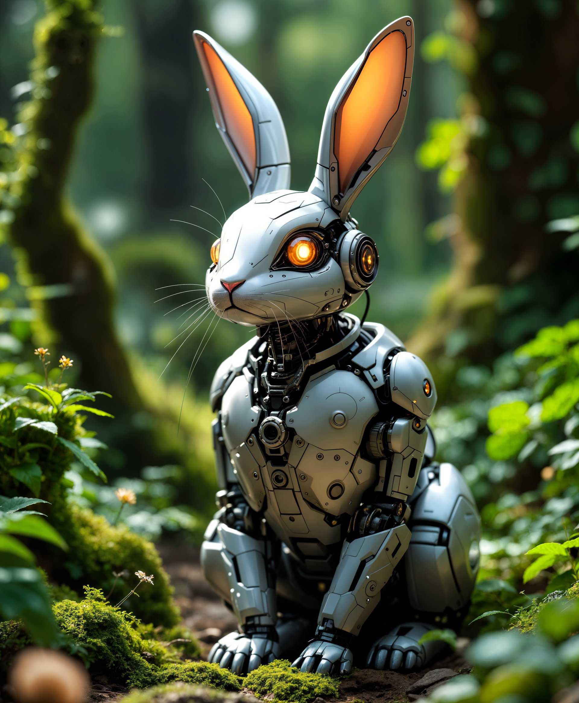masterpiece, best quality, highres, sharp image, more detail <lora:more_details:0.5> <lora:SDXLrender_v2.0:1>, Create a hyper-realistic, highly detailed portrait of a **Mecha Rabbit** in its natural environment. 

**Visual Details:**
- The Mecha Rabbit should have a sleek, metallic body with visible hydraulic joints, glowing LED eyes, and intricate mechanical components like gears and pistons. 
- Its fur should be represented by fine, interlocking metal plates that mimic the appearance of real fur, with a slight iridescence under sunlight.
- The environment should be lush with dense foliage, incorporating vibrant greens, mosses, and wildflowers to contrast the mechanical subject.

**Style:**
- The image should be styled in a fusion of **biopunk** and **hyper-realistic** aesthetics, capturing the organic integration of technology with nature.

**Composition:**
- Frame the Mecha Rabbit in a three-quarters view, looking slightly off-camera with a curious expression, suggesting awareness of its surroundings.
- Use a low camera angle to make the rabbit appear imposing yet part of the landscape.

**Mood and Atmosphere:**
- The scene should evoke a serene, almost surreal atmosphere, with soft morning light filtering through the trees, casting dappled shadows on the Mecha Rabbit.
- The air should feel crisp, with a slight mist adding depth and mystery to the background.

**Technical Aspects:**
- Employ **bokeh** to blur the background, focusing attention on the Mecha Rabbit.
- Use **depth of field** to emphasize the intricate details of the mechanical parts, showcasing the craftsmanship of the machine.

**Cohesion:**
- Ensure the Mecha Rabbit looks integrated into its wild setting, with vines or small plants starting to grow over its metal body, symbolizing nature's reclaiming of technology.
