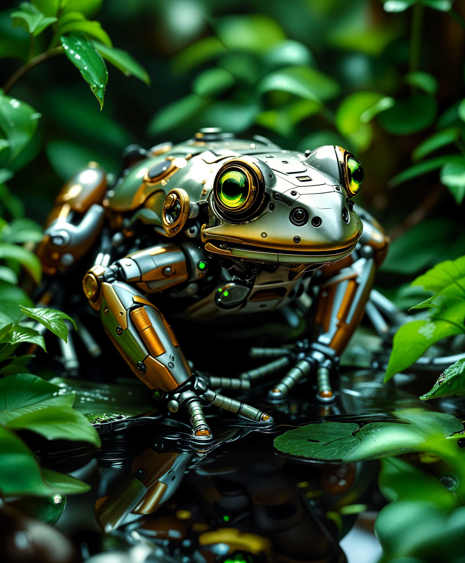AI-generated image: Capture a highly detailed **portrait** of a **mecha frog** in its natural habitat:

- **Subject**: A
