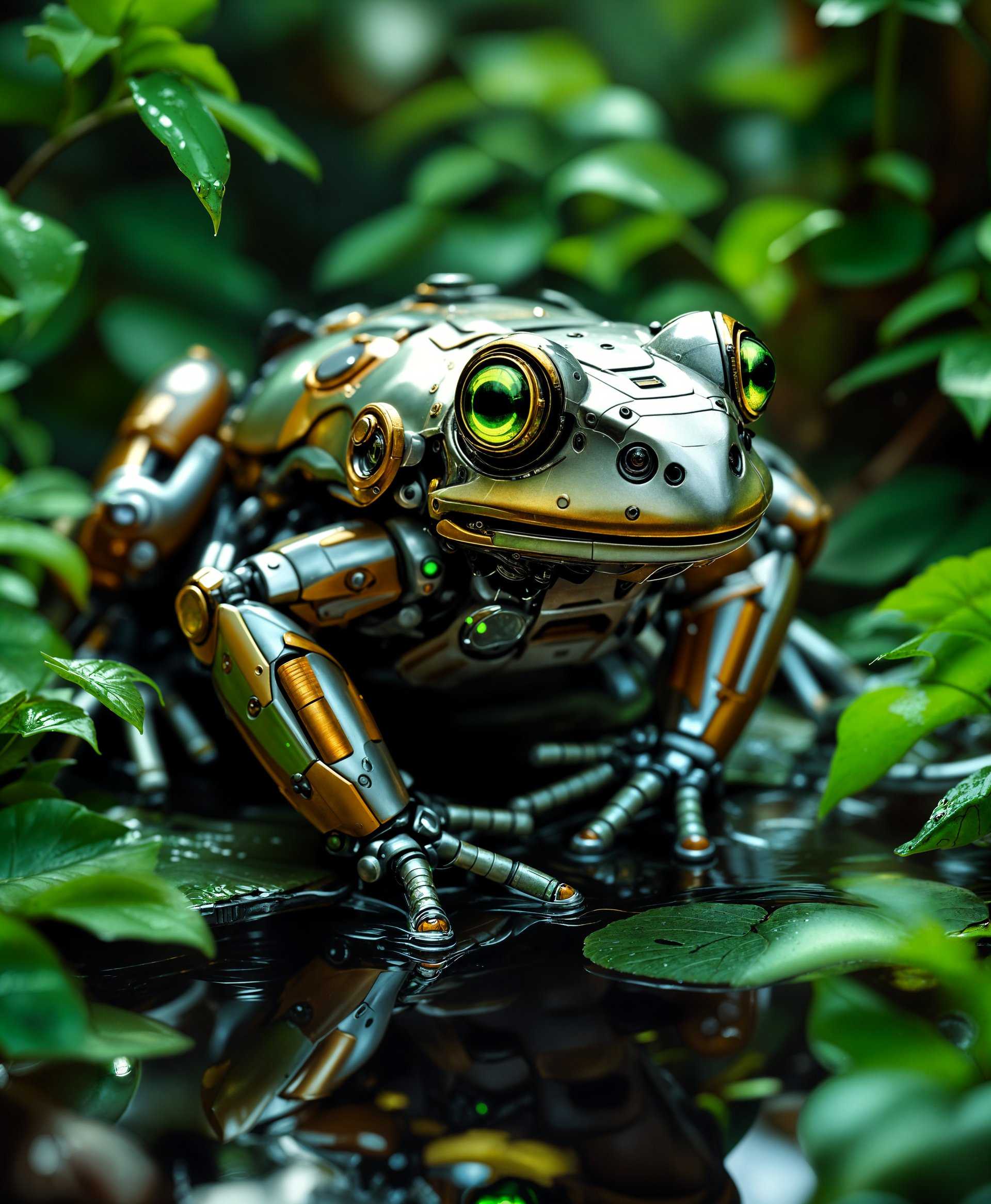 Capture a highly detailed **portrait** of a **mecha frog** in its natural habitat:

- **Subject**: A mecha frog, intricately designed with metallic components, hydraulic systems, and glowing green eyes, blending organic frog features with advanced robotic technology.
- **Environment**: Set amidst lush greenery, with dew-kissed leaves and reflective puddles, suggesting a misty, early morning atmosphere in a vibrant, untamed wilderness.
- **Visual Details**: 
  - **Texture**: The mecha frog's surface should show a mix of sleek metal plating, with rivets and seams, contrasted by the soft, moist skin of a real frog. 
  - **Colors**: Use a palette of natural greens, browns, and silvers, with highlights of neon green on the mechanical parts to indicate its bio-energy source.
  - **Lighting**: Soft, diffused light filters through the canopy, creating highlights on the mecha frog's metal surfaces and casting gentle shadows that add depth and realism.
- **Style**: Employ a **photorealistic** approach with elements of **cyberpunk** and **bio-mechanical** design, inspired by artists like H.R. Giger and Syd Mead, yet maintaining a connection to nature.
- **Composition**: 
  - **Framing**: Close-up to mid-shot, focusing on the mecha frog with enough space around to showcase its environment. 
  - **Camera Angle**: Slightly low angle to make the frog appear imposing yet integrated with its surroundings.
- **Mood and Atmosphere**: Convey a sense of awe and intrigue, with the natural world meeting advanced technology, evoking a feeling of discovery and wonder.
- **Technical Aspects**: 
  - **Depth of Field**: Shallow to emphasize the frog, with the background slightly blurred, focusing on the intricate details of the subject.
  - **Lighting Technique**: Use of softbox lighting for a natural yet cinematic look, with strategic light placement to highlight the mecha frog's features.
  - **Art Terms**: Incorporate terms like chiaroscuro for light and shadow play, and hyperrealism for the level of detail in both the organic and mechanical elements.

This scene should blend the mechanical with the organic, creating a unified, believable depiction of a mecha frog thriving in its wild habitat.