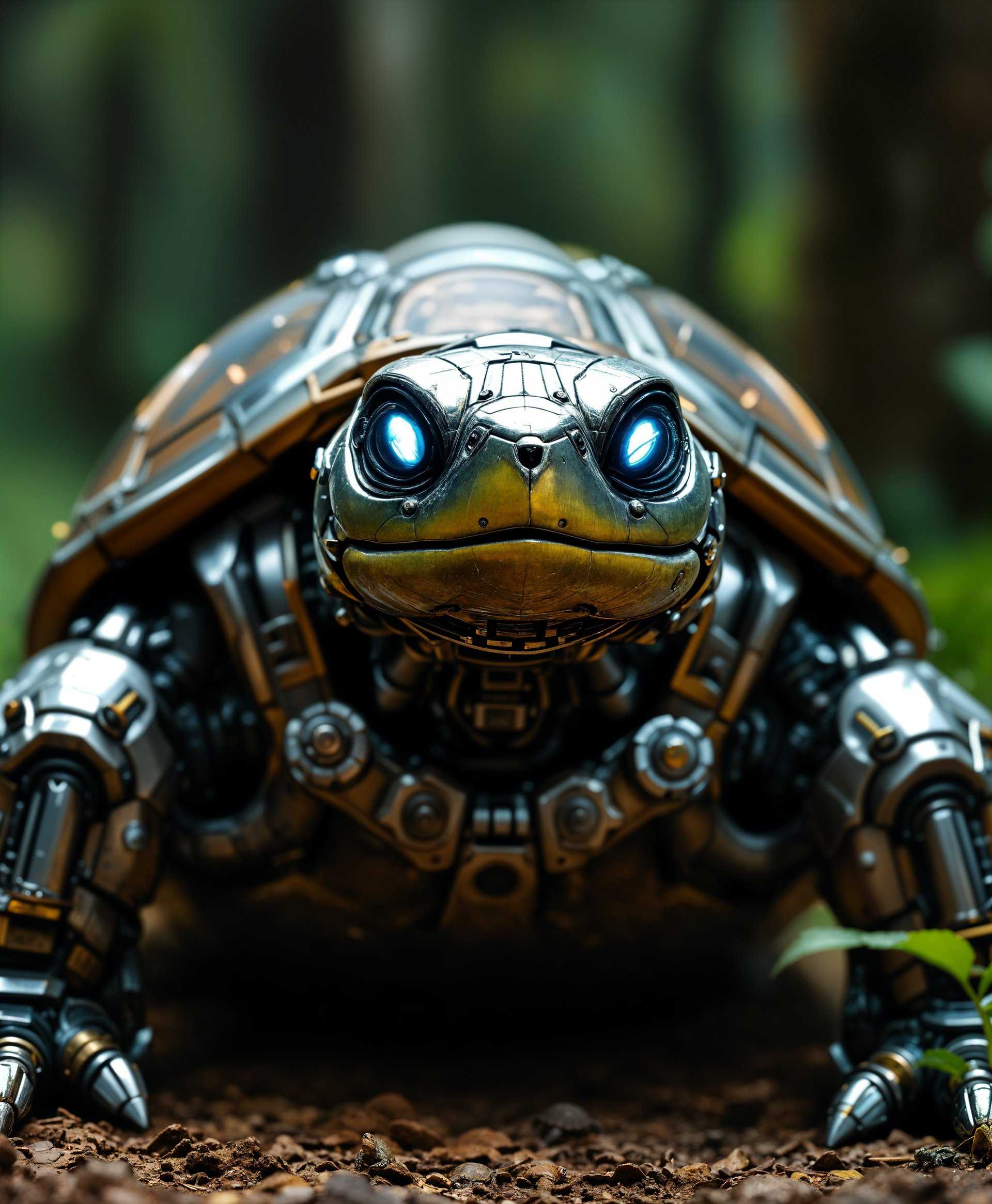 Create a highly detailed portrait of a **Mecha Turtle** in its natural habitat:

- **Visual Details**: 
  - The turtle's shell should be composed of sleek, metallic armor plates with visible seams and bolts, reflecting the ambient light. 
  - Its eyes are glowing with an inner light, possibly with a soft, neon blue hue. 
  - The texture of the shell is a mix of polished metal and rugged, weather-worn surfaces, showing signs of battle or long journeys. 
  - The underbelly shows mechanical gears and pistons, creating a sense of movement and life.

- **Style**: 
  - Capture the image in a **cyberpunk** aesthetic with a hint of **steampunk** for the mechanical parts, using high contrast and sharp, defined lines to emphasize the futuristic and industrial elements.

- **Composition**: 
  - The mecha turtle should be the focal point, positioned slightly off-center, facing the viewer with a sense of curiosity or vigilance. 
  - The camera angle should be low, looking up at the turtle to emphasize its size and grandeur.
  - The background includes a dense, lush jungle, with sunlight filtering through the canopy, casting dappled shadows on the ground and the turtle.

- **Mood and Atmosphere**: 
  - The scene should evoke a sense of wonder and the unexpected, with the wild, untouched nature juxtaposed against the advanced technology. 
  - The atmosphere is humid and misty, with the morning sun breaking through, creating a soft, ethereal glow around the edges of the turtle.

- **Technical Aspects**: 
  - Use **bokeh** to blur the background, keeping the focus on the mecha turtle. 
  - Implement **depth of field** to highlight the intricate details of the turtle's machinery. 
  - The lighting should be a mix of natural light from the sun and the artificial light emanating from the turtle's eyes, creating a dramatic interplay of light and shadow.

This image should convey a narrative of technology blending seamlessly with nature, showcasing the coexistence of the mechanical and the organic in a visually compelling way.