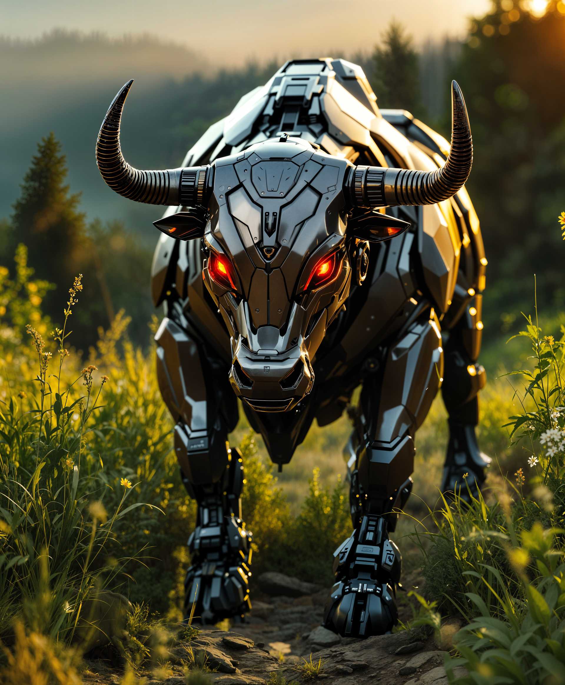 AI-generated image: **Subject:** A highly detailed portrait of a mecha Bull, constructed from advanced, futuristic mater