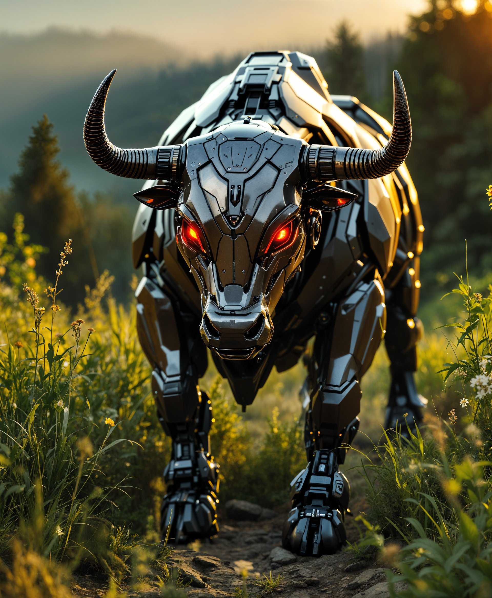 **Subject:** A highly detailed portrait of a mecha Bull, constructed from advanced, futuristic materials like titanium alloy and carbon fiber, showcasing intricate mechanical components.

**Environment:** Set in the untamed wilderness, with lush greenery and rugged terrain, under a golden-hour light that enhances the contrast between nature and technology.

**Visual Details:**
- **Mecha Bull:** The bull's body is covered in sleek, metallic plates with a matte finish, reflecting minimal light to emphasize its stealth capabilities. Its eyes glow with an intense, fiery red, indicating its active power source. Hydraulic pistons and gears are visible, moving subtly to suggest readiness or a slight breeze.
- **Wilderness:** Tall, wild grasses sway gently around the mecha Bull, with the occasional wildflower adding a pop of color. The background features distant, dense forests, and perhaps a hint of a mountain range, all bathed in the soft, warm light of sunset.

**Style:** Photorealistic with elements of cyberpunk aesthetics, capturing the texture of metal against the organic textures of nature. Use techniques like HDR photography to highlight the contrast and detail.

**Composition:** 
- **Framing:** Close-up shot focusing on the mecha Bull's face, with the landscape serving as a backdrop. The camera angle is slightly below eye level, making the Bull appear majestic and imposing.
- **Depth of Field:** Shallow depth of field with the focus on the Bull, blurring the intricate details of the background flora to guide the viewer's attention.

**Mood and Atmosphere:**
- **Time:** Late afternoon, just before sunset, with the sun casting long shadows and bathing the scene in warm, golden light.
- **Weather:** Clear skies with the possibility of a gentle breeze, indicated by the movement of grass and leaves.

**Technical Aspects:** 
- Use of soft focus on the background to emphasize the subject.
- High dynamic range (HDR) to capture the full spectrum of light and shadow, enhancing the realism.
- **Lighting:** Backlighting with golden hour light to silhouette the mecha Bull against the sky, creating a dramatic outline.

**Cohesion:** The blend of futuristic technology with the untouched beauty of nature creates a narrative of coexistence or perhaps a new evolution of wildlife, where the mecha Bull stands as a sentinel or a guardian of this wild domain.