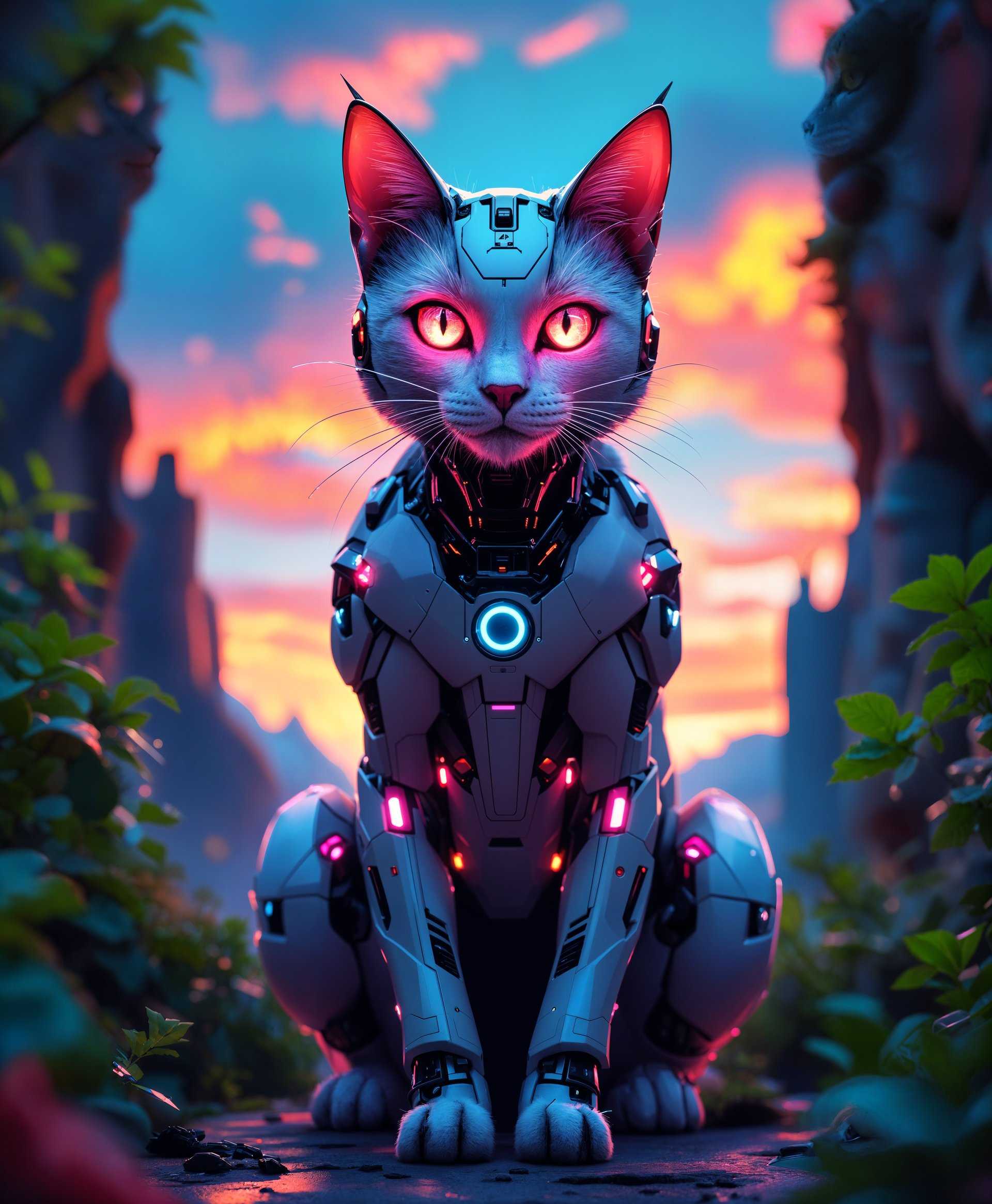 A highly detailed **portrait** of a **mecha cat**:

- **Subject**: A sleek, metallic feline robot with vibrant **neon accents** on its joints and eyes, blending seamlessly with its **organic-like fur texture**.
- **Setting**: Placed in a **futuristic wild landscape** with overgrown ruins, lush alien flora, and a vibrant sky at **dusk**.
- **Artistic Style**: Inspired by **cyberpunk aesthetics** with an emphasis on **hyper-realistic details** and **light painting**.
- **Composition**: The mecha cat is centered, its gaze piercing through the lens. The camera angle is low, looking up to emphasize its dominance in the scene. The background is softly blurred to focus on the subject, with subtle **bokeh effects** from the neon lights.
- **Mood and Atmosphere**: An atmosphere of **mystery and awe**, with the wild's ambient light casting **soft shadows** and reflections off the mecha cat's polished surfaces. The air carries a sense of **electric tension**, as if the scene is on the brink of a technological breakthrough.
- **Technical Aspects**: Use of **long exposure** to capture the neon trails, **high dynamic range (HDR)** to enhance the contrast between light and shadow, and **selective focus** to draw attention to the mecha cat's intricate details.
