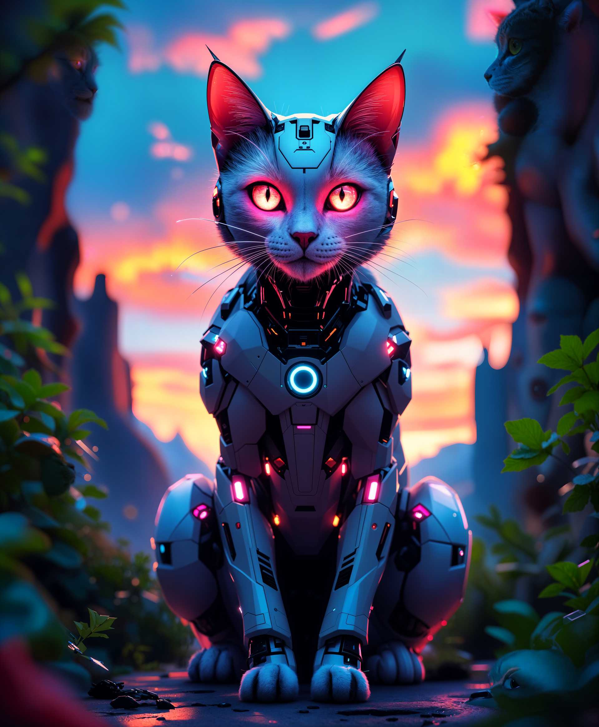 AI-generated image: A highly detailed **portrait** of a **mecha cat**:
- **Subject**: A sleek, metallic feline robot wi