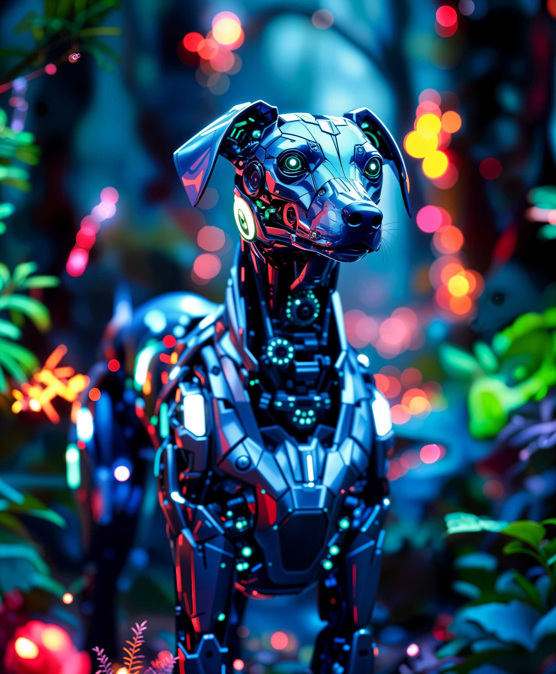 AI-generated image: **Portrait of a Mecha Dog in Futuristic Wild:**
- **Visual Details:** The mecha dog is crafted from