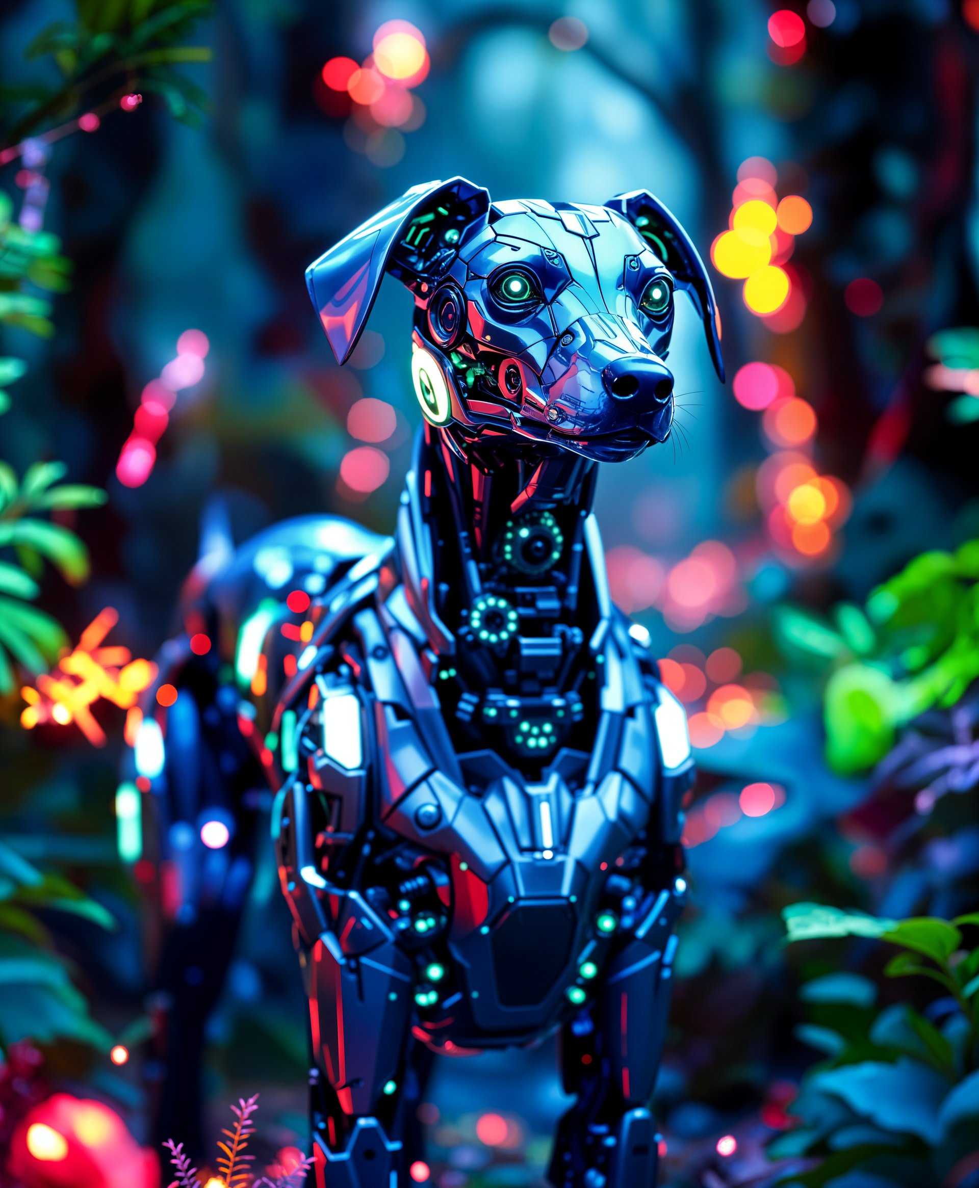 **Portrait of a Mecha Dog in Futuristic Wild:**

- **Visual Details:** The mecha dog is crafted from polished, silver and cobalt blue alloys, with intricate mechanical gears and pistons visible through translucent panels. Its eyes glow with a soft, neon green light, and it has a sleek, aerodynamic design reminiscent of a greyhound. The fur, where present, is made of fine, metallic fibers that shimmer with a holographic effect. 

- **Style:** The image adopts a hyper-realistic style with elements of cyberpunk aesthetics, capturing the high contrast and vibrant neon colors typical of futuristic settings. The background shows a fusion of nature and technology, with bioluminescent plants and trees adorned with LED lights.

- **Composition:** The mecha dog is the focal point, positioned in the center of the frame, slightly off-center to the left. It stands alert, its head turned towards the viewer, creating a dynamic angle. The background features a dense forest of futuristic flora, with the dog's silhouette highlighted against the glowing undergrowth.

- **Mood and Atmosphere:** The scene exudes a sense of solitude and mystery, set during the twilight hours where the natural light fades and artificial lights begin to illuminate the environment, casting long, eerie shadows. The air carries a slight mist, adding to the enigmatic atmosphere of an untouched, yet advanced world.

- **Technical Aspects:** Utilize a shallow depth of field to focus on the mecha dog, with the background slightly blurred to enhance the sense of depth and separation. The lighting should be dramatic, with high contrast to emphasize the mechanical parts and the reflective surfaces of the dog. 

- **Cohesion:** The image melds the mechanical with the organic, creating a harmonious balance between technology and nature. The dog, while clearly a product of advanced engineering, fits seamlessly into its environment, suggesting a world where technology has evolved to coexist with nature in a symbiotic relationship.