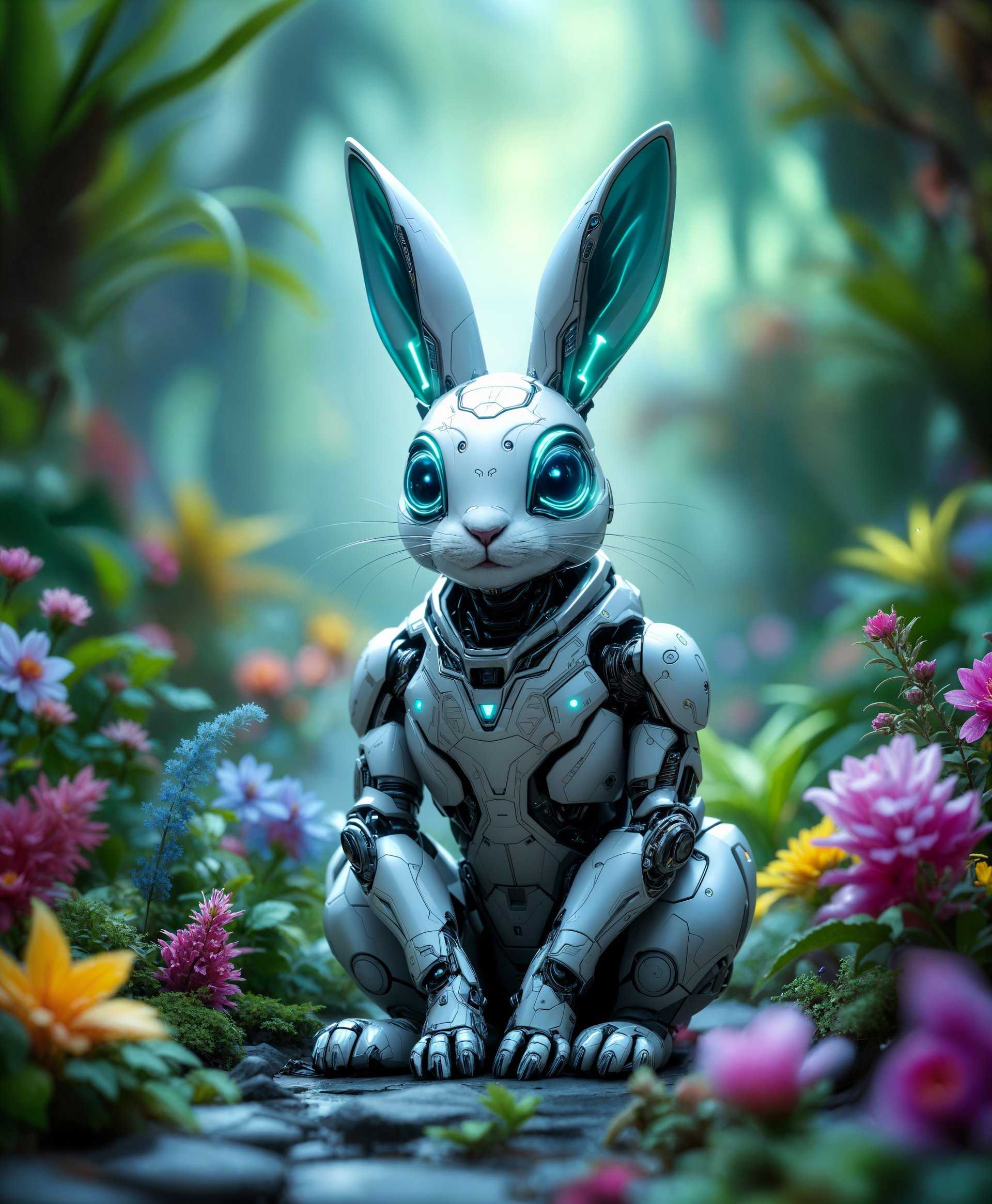 A highly detailed portrait of a futuristic **mecha rabbit**, artfully integrated into a **futuristic wild** landscape:

- **Visual Details**: The mecha rabbit features sleek, metallic surfaces with intricate engravings and glowing accents in neon blue and green. Its eyes are large, multifaceted lenses with a holographic display. The wild landscape around it is lush with exotic, bioengineered flora in vibrant, iridescent colors, and fauna that looks like a blend of organic life and cybernetic enhancements.

- **Style**: Rendered in a **cyberpunk** aesthetic, reminiscent of Syd Mead's futuristic designs. The image captures the essence of a dystopian yet harmonious coexistence between technology and nature, with sharp contrasts and high dynamic range lighting.

- **Composition**: The mecha rabbit stands majestically in the center foreground, with its mechanical limbs and body parts harmoniously interacting with the environment. The camera is positioned at a low angle, looking up at the rabbit to emphasize its grandeur and the vast, wild expanse behind it. The framing includes elements of the futuristic wild on both sides, creating a natural frame.

- **Mood and Atmosphere**: The scene exudes a **mysterious**, **futuristic** atmosphere with a touch of **serenity**. The light is diffused through a canopy of bio-luminescent leaves, casting an ethereal glow. The time is twilight, with the horizon showing the last rays of a setting sun, casting long, soft shadows.

- **Technical Aspects**: The image employs **bokeh** to blur the background, focusing on the mecha rabbit. **Depth of field** is used to create a sense of depth, with the rabbit in sharp focus while the intricate details of the wild fade into soft, blurred beauty. **HDRI** techniques are applied for high contrast and detailed shadows.

- **Cohesion**: The integration of the mecha rabbit into the futuristic wild is seamless, with its mechanical parts reflecting and interacting with the light and elements of the environment, creating a scene that feels both alien and intimately connected to nature.