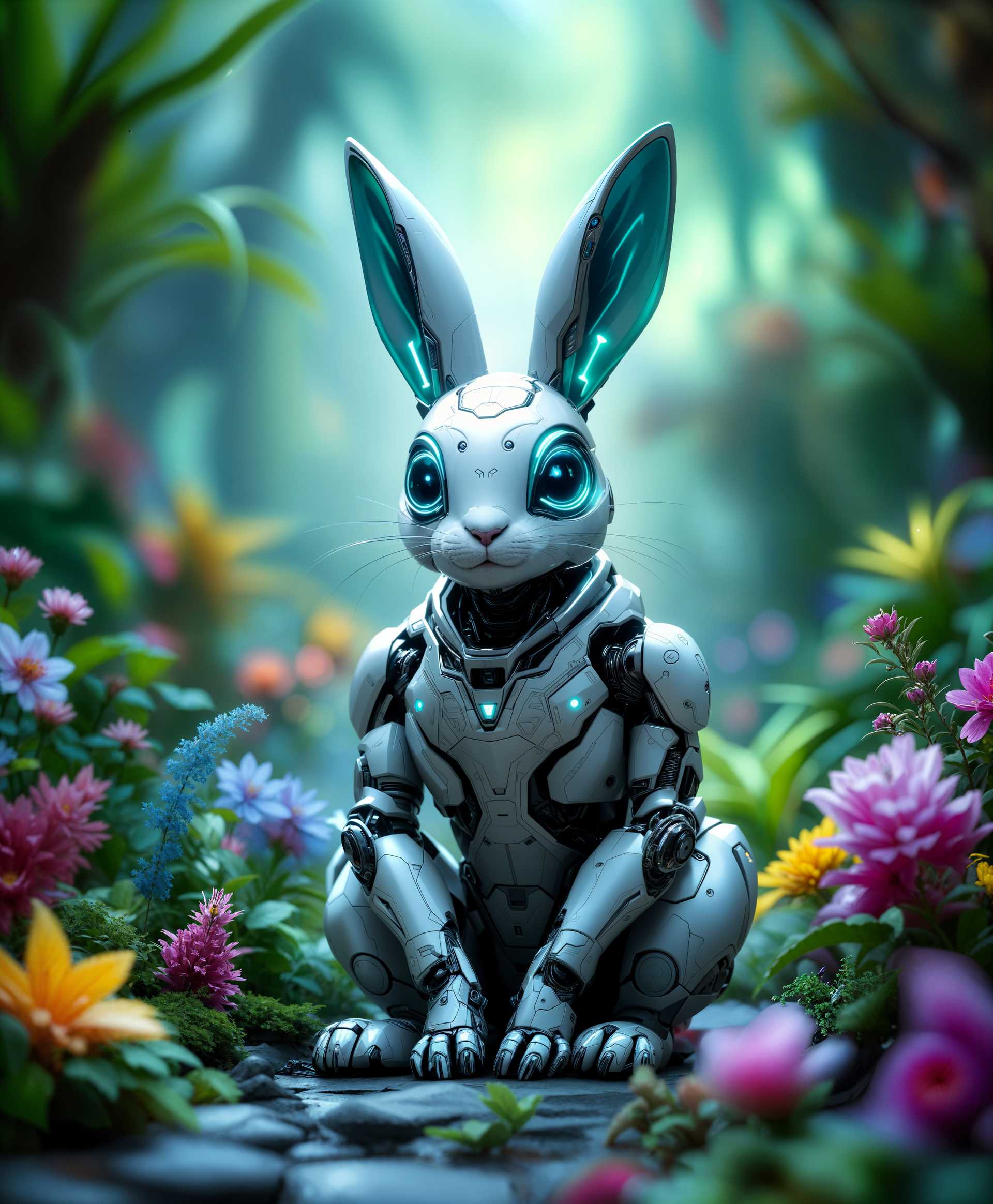 AI-generated image: A highly detailed portrait of a futuristic **mecha rabbit**, artfully integrated into a **futuristic