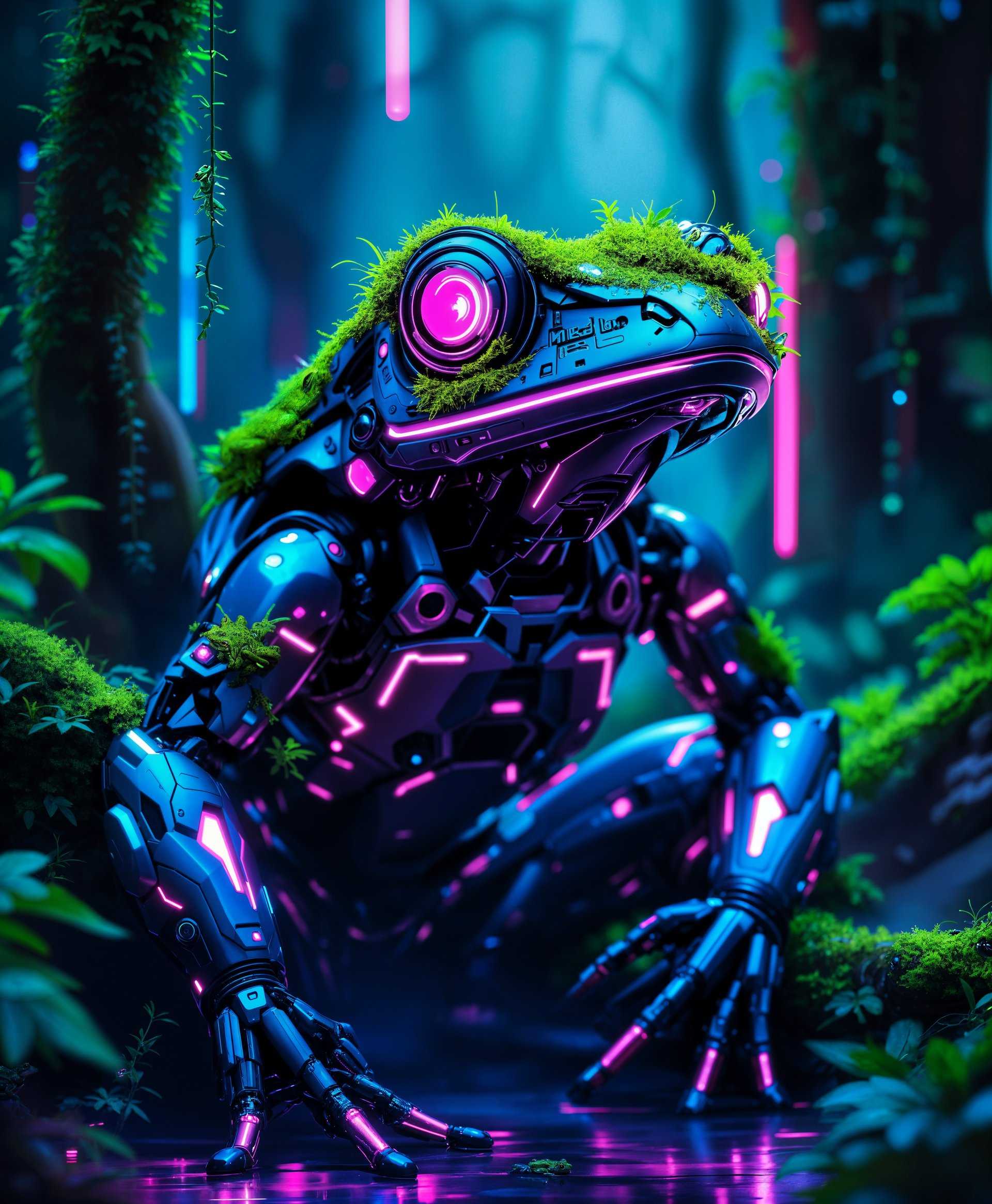 A highly detailed portrait of a **mecha Frog** in the **futuristic wild**, rendered in a **cyberpunk** style with:

- **Subject**: The mecha Frog, an anthropomorphic robot with a frog's head, complete with glowing, mechanical eyes. Its body is sleek, metallic, and covered in intricate patterns and glowing lines reminiscent of circuitry.

- **Visual Details**: 
  - **Colors**: Neon blues, electric greens, and stark blacks dominate the palette, with hints of vibrant pink and purple for contrast.
  - **Lighting**: Neon lighting highlights the mecha Frog's features, with light beams cutting through the dense, misty atmosphere.
  - **Texture**: The mecha Frog's armor has a glossy finish, reflecting the surrounding environment, while organic elements like moss and vines grow over parts of its body, blending technology with nature.

- **Style**: 
  - **Art Movement**: Inspired by the cyberpunk aesthetic, blending futuristic technology with a dystopian, overgrown wilderness.
  - **Photography Technique**: High dynamic range (HDR) imaging to capture the wide range of lighting and detail, with a shallow depth of field focusing on the mecha Frog.

- **Composition**: 
  - **Framing**: Close-up shot with the mecha Frog's face filling most of the frame, its body slightly turned, looking off into the distance.
  - **Angle**: Low camera angle to emphasize the imposing nature of the mecha Frog, making it appear larger and more majestic.

- **Mood and Atmosphere**: 
  - **Time of Day**: Twilight, where the setting sun's rays mix with artificial neon lights from nearby structures.
  - **Weather**: A fine mist hangs in the air, creating a moody, atmospheric scene with beams of light piercing through.
  - **Ambiance**: A sense of solitude and contemplation, as if the mecha Frog is reflecting on its existence in this wild, futuristic setting.

- **Technical Aspects**: 
  - **Focus**: Soft focus on the background to blur out the intricate details of the surrounding wild, keeping the main subject sharp.
  - **Exposure**: Balanced to highlight the contrast between the dark metallic body and the vibrant neon lights.

This composition aims to evoke a sense of awe, blending the mechanical with the natural in a harmonious, yet futuristic landscape.