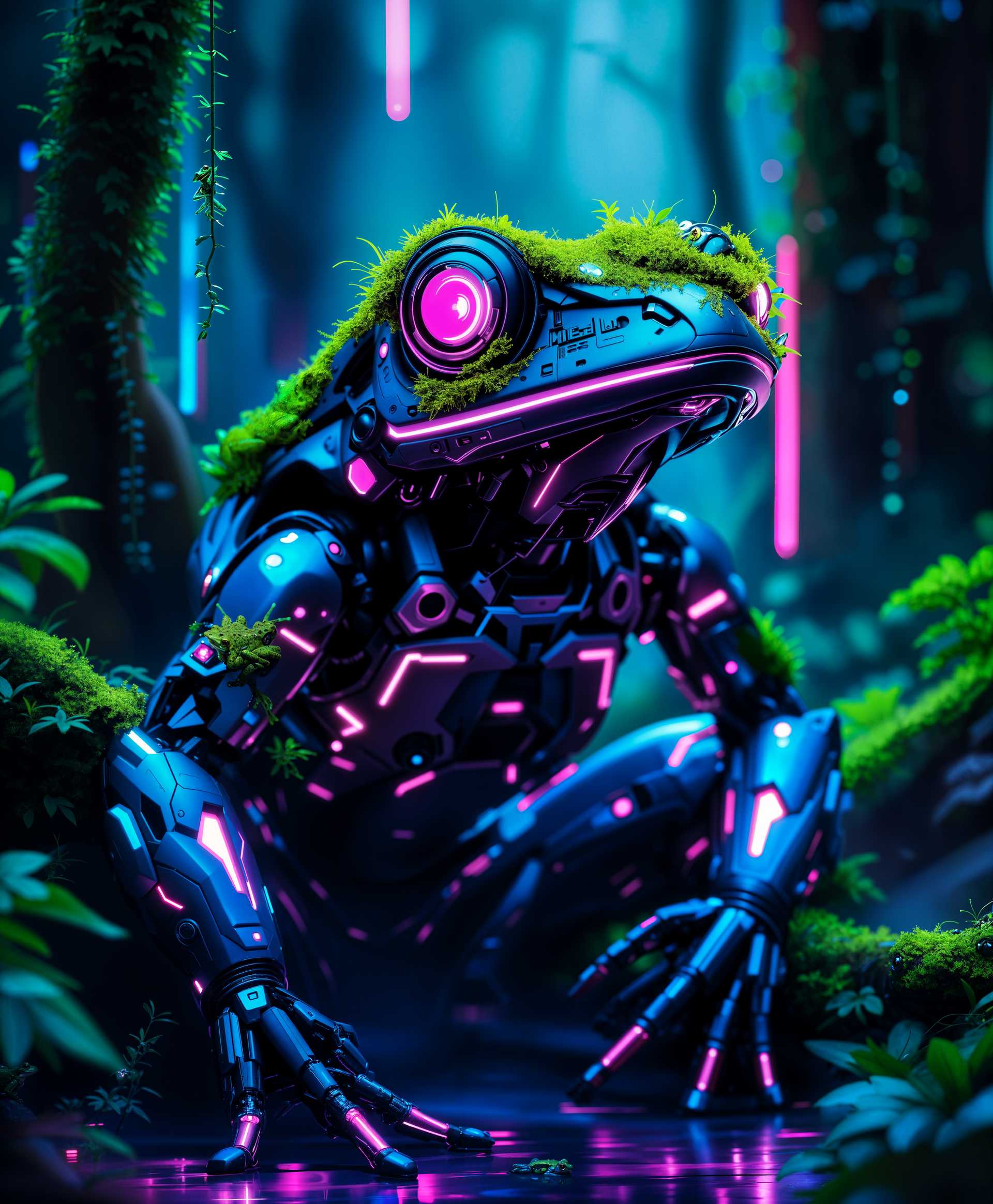 AI-generated image: A highly detailed portrait of a **mecha Frog** in the **futuristic wild**, rendered in a **cyberpunk