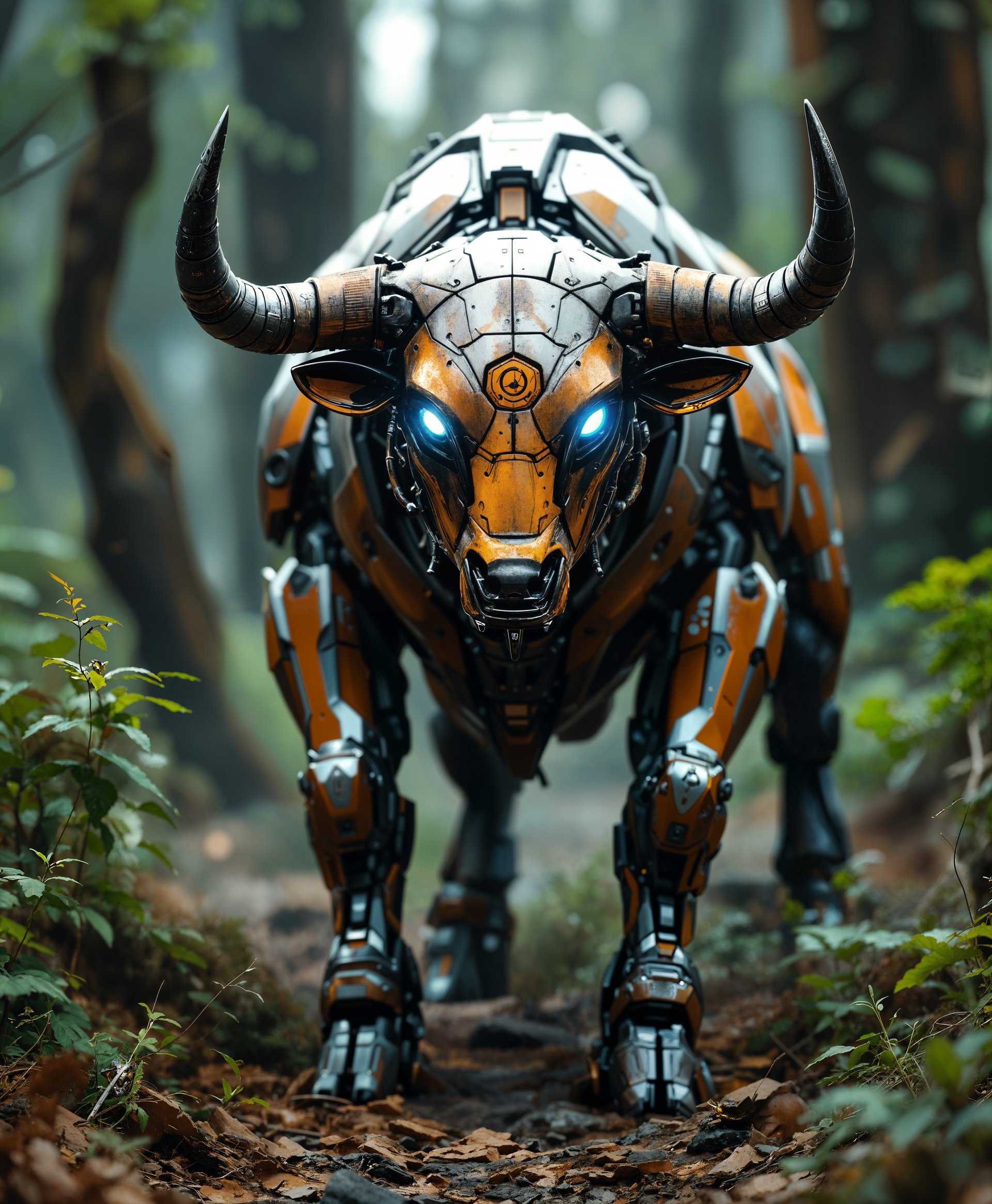 **Create a highly detailed portrait of a futuristic mecha Bull standing in the wild:**

- **Visual Details**: The mecha bull's body is covered in metallic plates with a matte finish, showing signs of weathering like rust and scratches. Its eyes glow with a soft blue light, contrasting with the warm, earthy tones of the surrounding wild landscape. The mechanical parts are intricate, with visible pistons, gears, and hydraulic systems, all rendered in high detail.

- **Style**: Utilize a cyberpunk aesthetic with elements of photorealism. The image should mimic the depth of field and lighting found in high-end CGI, with a touch of film noir for dramatic shadows and highlights.

- **Composition**: The mecha bull is positioned centrally, but slightly to the left, allowing for a dynamic view of its profile. The camera angle is slightly low to give the bull a towering, imposing presence. The background features a futuristic, overgrown wilderness with remnants of old technology, creating a contrast between nature and machine.

- **Mood and Atmosphere**: The scene is set at dusk, with the sun setting behind the bull, casting long shadows and bathing the scene in a warm, golden light. The atmosphere is one of solitude and resilience, with a hint of danger lurking in the encroaching darkness. 

- **Technical Aspects**: Use a wide aperture to blur the background, emphasizing the bull's detail. Employ HDRI lighting to capture the nuances of the metallic surfaces and the natural environment. The image should have a high resolution to showcase the fine details of the mecha bull and the texture of the wild.

- **Cohesion**: The futuristic elements, such as the mecha bull and the remnants of technology, should blend seamlessly with the untamed wilderness, creating a post-apocalyptic yet serene scene. The lighting, composition, and detail work together to convey a narrative of survival and adaptation in a world where technology and nature have merged.