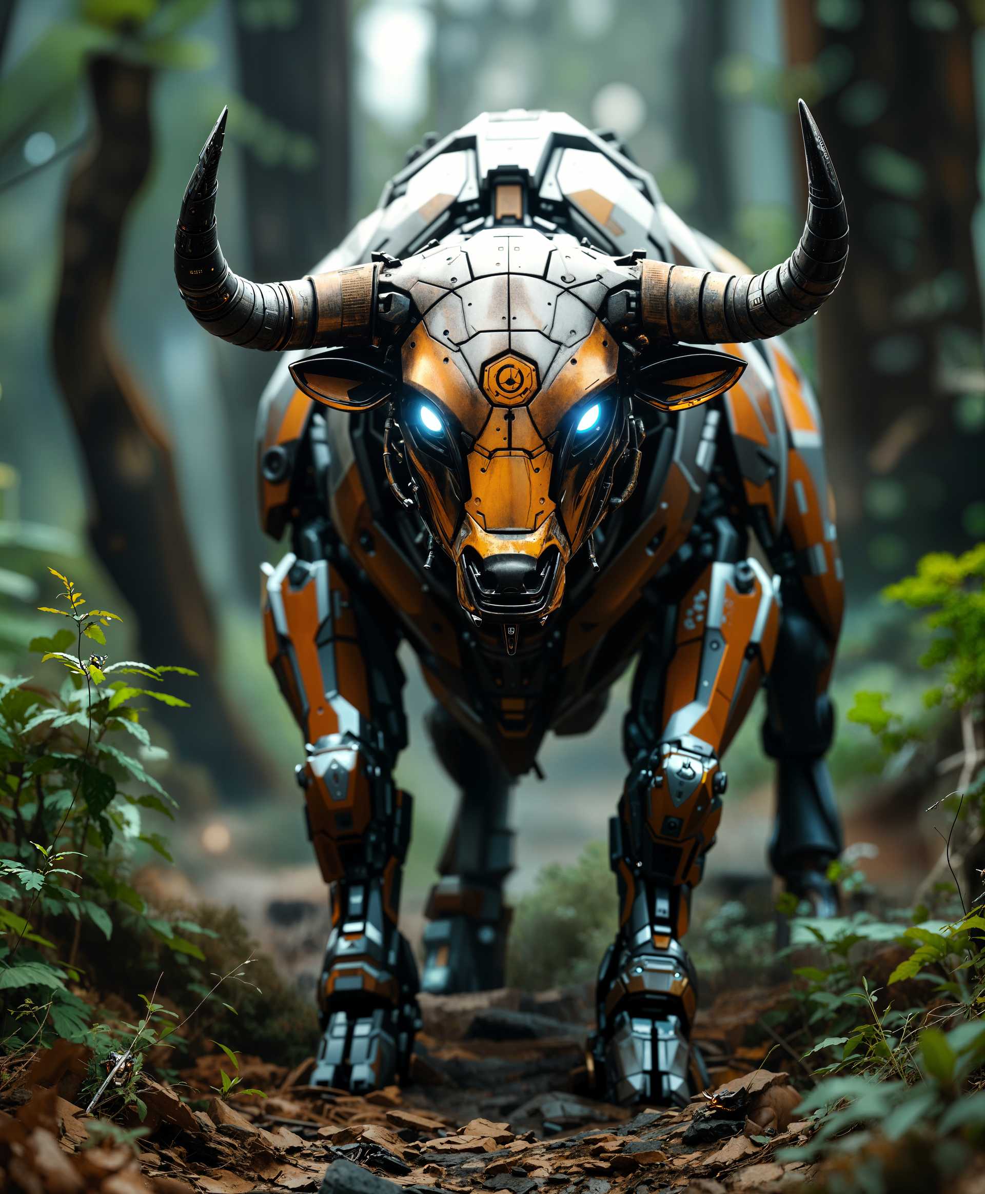 AI-generated image: **Create a highly detailed portrait of a futuristic mecha Bull standing in the wild:**
- **Visual D