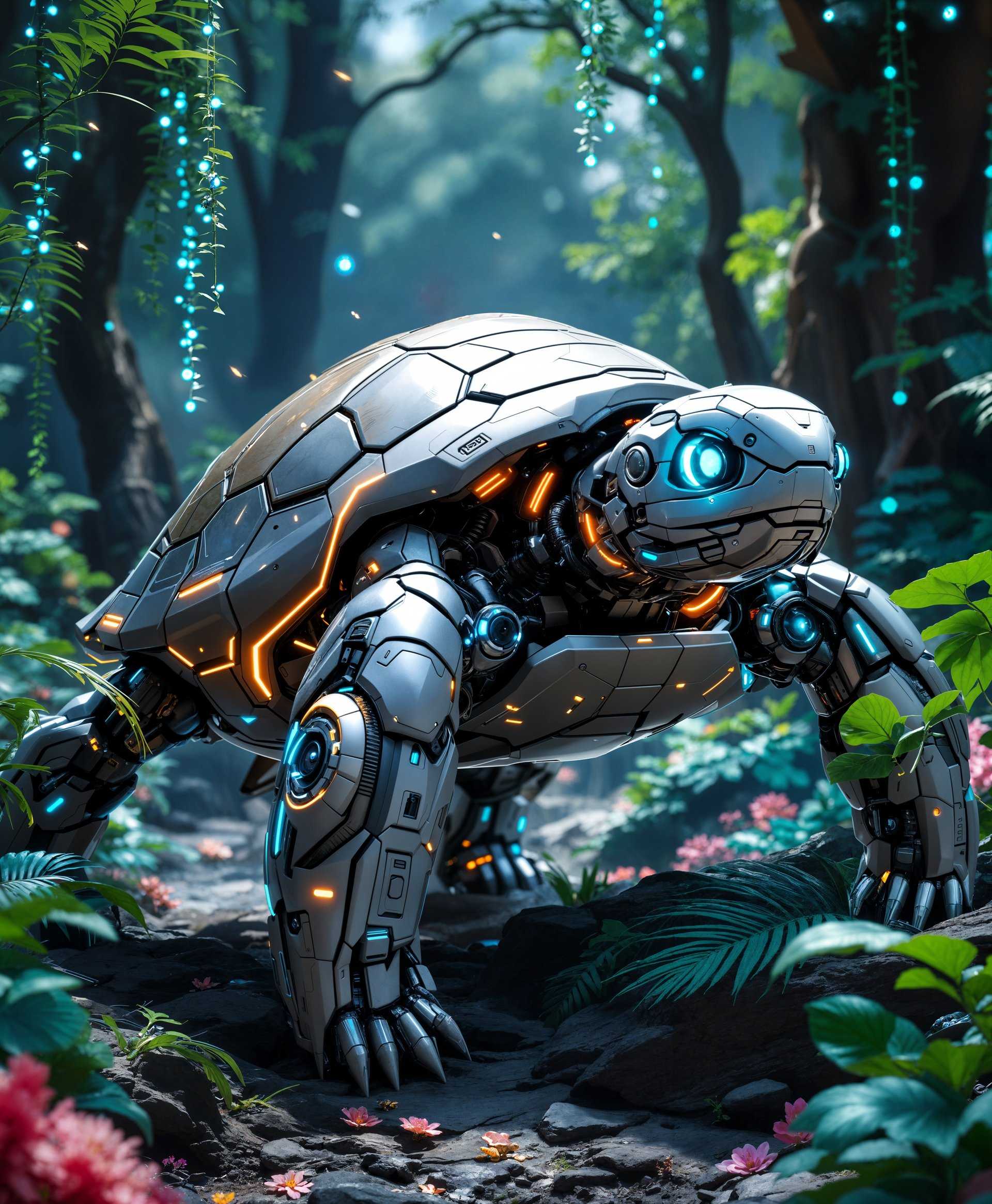 Here is a high-quality prompt for AI image generation based on your description:

**Subject**: A majestic and highly detailed mecha turtle, with a blend of organic and mechanical elements, showcasing advanced technology integrated into its natural form.

**Details**: 
- **Shell**: The shell is composed of sleek, metallic panels with intricate engravings, resembling futuristic armor, with glowing lines of energy tracing its curves.
- **Head**: A mechanical head with glowing eyes, equipped with sensors and a visor, giving it an alert, intelligent look.
- **Limbs**: Legs and arms are mechanical, with pistons, gears, and hydraulic systems visible, allowing for dynamic, fluid movement.
- **Environment**: The mecha turtle is set in a lush, untamed futuristic wilderness, with bioluminescent plants and holographic flora, creating a contrast between nature and technology.

**Style**: 
- **Artistic Influence**: Inspired by cyberpunk aesthetics with a touch of organic futurism, reminiscent of Syd Mead's designs, combined with the naturalistic detail of wildlife photography.
- **Color Palette**: Predominantly cool tones like electric blues, neon greens, and deep purples, with occasional warm highlights to contrast the cold technology with the natural world.

**Composition**: 
- **Camera Angle**: Low angle, looking up at the mecha turtle to emphasize its grandeur and dominance in the environment.
- **Framing**: The turtle is framed centrally, with the wilderness extending into the background, creating depth and a sense of scale.
- **Focus**: Sharp focus on the turtle, with a slightly blurred background to highlight its details.

**Mood and Atmosphere**: 
- **Time of Day**: Twilight, with the setting sun casting long shadows and the sky filled with a blend of natural and artificial light.
- **Ambiance**: A serene yet mysterious atmosphere, where nature and technology coexist in harmony. The air is filled with the soft hum of the mecha turtle's systems, creating an eerie yet captivating ambiance.

**Technical Aspects**: 
- **Depth of Field**: Use a shallow depth of field to keep the mecha turtle in sharp focus while the background softens, emphasizing the subject.
- **Lighting**: Utilize rim lighting to outline the mecha turtle against the dark wilderness, enhancing its silhouette and adding a sense of depth.
- **Textures**: Incorporate realistic textures for both the organic elements (like moss or vines on the shell) and the mechanical parts (reflective metal, worn paint).

**Cohesion**: All elements are designed to work in unison