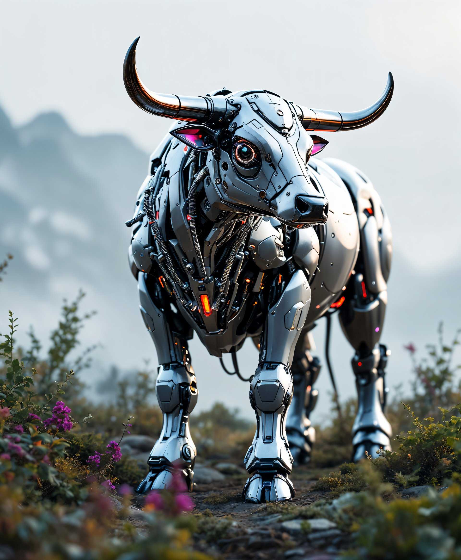 masterpiece, best quality, highres, sharp image, more detail <lora:more_details:0.5> <lora:SDXLrender_v2.0:1>, **Image Prompt:**

Create a **hyper-realistic portrait** of a **futuristic mecha cow** amidst a **cybernetic wilderness**. 

- **Visual Details:**
  - The mecha cow should be intricately designed with **gleaming chrome and metallic surfaces**, showcasing **mechanical components** like gears, pistons, and hydraulic systems, yet maintaining an organic form.
  - **Textures** should include **rustic metal**, **smooth polished surfaces**, and **synthetic fur** mimicking real cowhide.
  - **Color palette** should consist of **metallic grays**, **silvers**, with **subtle neon accents** highlighting the mechanical parts, set against a backdrop of **muted earth tones** and **vibrant greens** for the vegetation.

- **Style:**
  - The image should evoke **sci-fi realism** reminiscent of **Hayao Miyazaki's** imaginative machinery blended with **H.R. Giger's** biomechanical aesthetics, captured in the style of **hyper-realistic digital art**.

- **Composition:**
  - The mecha cow should be **front and center**, with its **mechanical eyes** staring directly at the viewer, creating an intense focal point.
  - **Camera angle** should be **slightly low**, looking up at the mecha cow, emphasizing its **grandeur and imposing presence**.
  - **Framing** should include elements of the **futuristic wild** environment, such as **cybernetic trees** with **glowing leaves** and **mechanical vines**.

- **Mood and Atmosphere:**
  - The scene should convey a **sense of wonder and awe**, with **soft, ambient lighting** from the **setting sun** casting **long shadows** and creating a **mystical atmosphere**.
  - The **air should feel charged with energy**, with **subtle sparks** and **glowing elements** from the mecha cow's systems.

- **Technical Aspects:**
  - Use **depth of field** to focus on the mecha cow, with the background slightly blurred to give a **cinematic feel**.
  - **Lighting** should be **diffused** with **directional light** highlighting the metallic surfaces for a **three-dimensional effect**.
  - **Bokeh** effect in the background to separate the subject from the environment, enhancing the **sense of depth**.

- **Cohesion:**
  - The mecha cow and its surroundings should blend seamlessly, creating a **believable fusion of technology and nature**, where the wild has