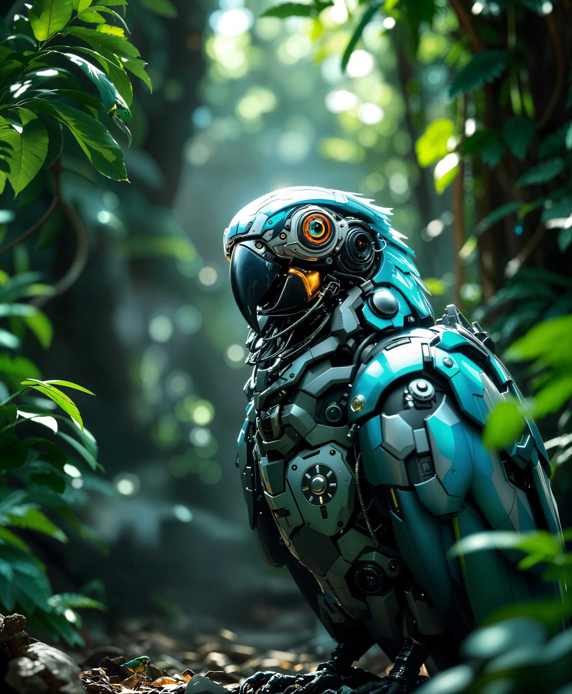 AI-generated image: A highly detailed, **photorealistic** portrait of a **mecha Macaw** set in a **futuristic jungle**.