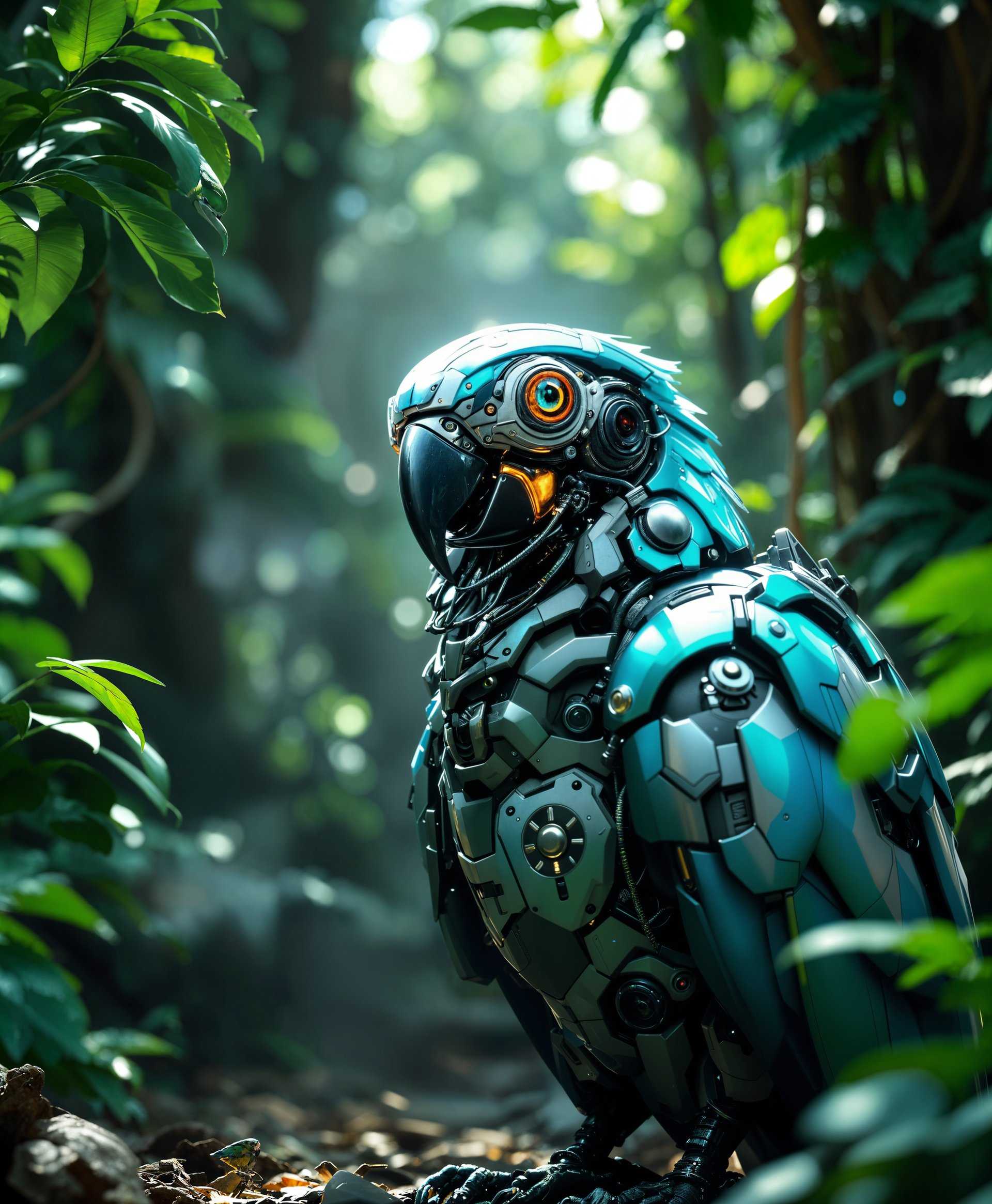 A highly detailed, **photorealistic** portrait of a **mecha Macaw** set in a **futuristic jungle**. The scene captures:

- **Subject**: The Macaw, with its metallic feathers shimmering in various shades of iridescent blues and greens, reflecting the **dappled sunlight** filtering through the dense foliage. Its mechanical components are intricately designed with **cybernetic enhancements** like **hydraulic joints** and **optical sensors** for eyes, giving it a **hyper-realistic** and **biomechanical** appearance.

- **Environment**: The **futuristic jungle** is a blend of **lush, organic plant life** with **technological elements** like **holographic leaves**, **bio-luminescent vines**, and **robotic insects**. The atmosphere is **humid**, with **steam rising** from the ground, and the **mood is serene yet eerie**.

- **Lighting**: The scene is illuminated by a **soft, diffused light** from above, creating **high contrast** with **deep shadows** that enhance the **cyberpunk aesthetic**. The **golden hour** light casts long shadows, emphasizing the texture and detail of both the natural and mechanical elements.

- **Style**: The image adopts a **hyper-realistic style** with **macro photography techniques** to showcase the **intricate details** of the mecha Macaw and its environment. The **color palette** includes **vibrant, electric colors** mixed with **subdued, earthy tones** to create a **visually striking contrast**.

- **Composition**: The Macaw is **centered**, with its head turned slightly to the side, looking directly at the viewer. The **camera angle** is **eye-level**, providing an **intimate and immersive perspective**. The framing includes **close-up details** of the feathers and mechanical parts, with **soft focus** on the surrounding jungle to highlight the subject.

- **Mood and Atmosphere**: The overall mood is **futuristic**, **mysterious**, and **intriguing**, with an **atmosphere of discovery** and **technological evolution** amidst nature. The **quiet** of the jungle is contrasted by the **subtle hum** of the mecha's systems, creating an **unsettling yet beautiful** ambiance.