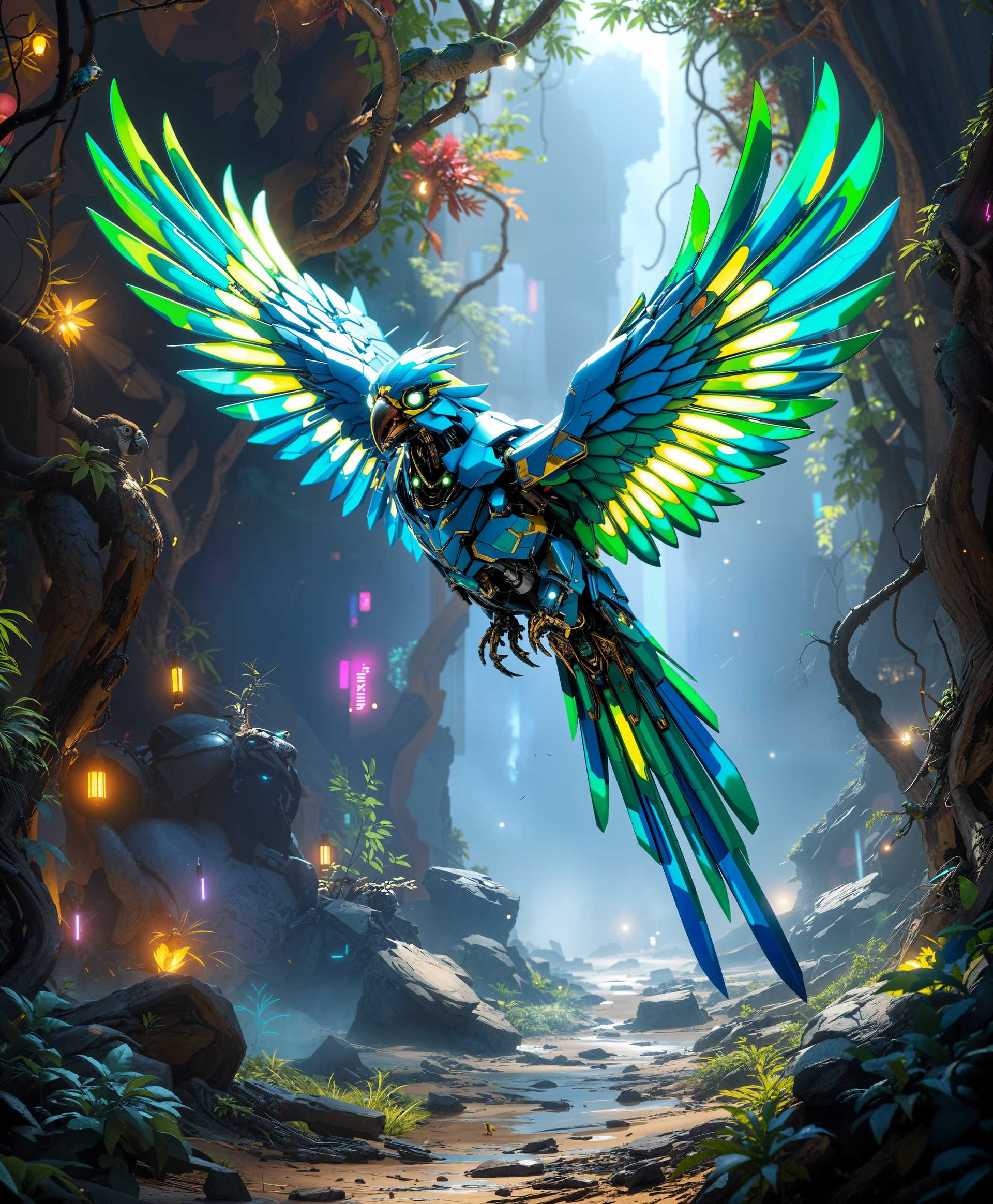 AI-generated image: **Subject**: A highly detailed mecha Parrot
**Setting**: Amidst the futuristic wild, with overgrown
