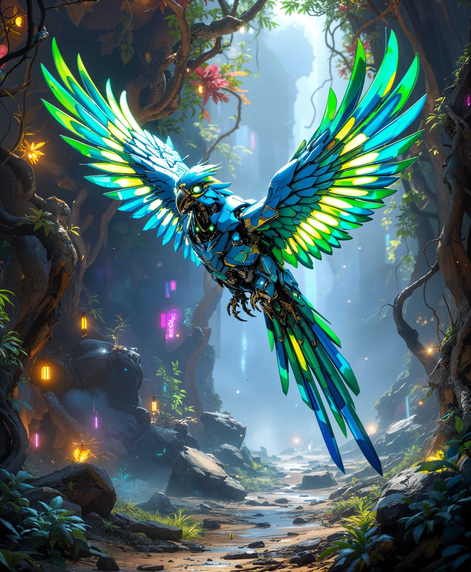 **Subject**: A highly detailed mecha Parrot

**Setting**: Amidst the futuristic wild, with overgrown neon-lit vegetation, holographic plants, and scattered mechanical debris. 

**Visual Details**:
- **Mecha Parrot**: Constructed from sleek, metallic materials with iridescent blue and green hues mimicking the natural colors of a parrot. Its eyes are glowing with a soft, intelligent light, and its feathers are composed of intricate, interlocking mechanical plates.
- **Environment**: The surrounding wilderness features bioluminescent flora, with trees made of twisted metal and glowing vines. The ground is a mix of dirt, rust, and synthetic material, reflecting a post-apocalyptic yet vibrant ecosystem.

**Style**: Cyberpunk with influences from Japanese anime and sci-fi aesthetics. The image should have a crisp, high-definition look, showcasing detailed textures and reflections on the mecha parts.

**Composition**:
- **Framing**: The mecha Parrot is positioned centrally, its gaze directed at the viewer, with its wings slightly spread, showcasing its mechanical complexity. 
- **Camera Angle**: Low angle shot to emphasize the imposing nature of the mecha Parrot, with a slight Dutch tilt to add dynamism to the scene.
- **Depth of Field**: A shallow depth of field, keeping the mecha Parrot in sharp focus while the background blurs, highlighting the contrast between the subject and its surroundings.

**Mood and Atmosphere**: 
- **Mood**: The atmosphere is one of awe, mystery, and a hint of danger, with the wild having reclaimed the ruins of a high-tech civilization.
- **Lighting**: Neon lighting from the plants casts a surreal glow, with the light sources creating sharp contrasts and casting long, dynamic shadows.

**Technical Aspects**: 
- **Focus**: Use selective focus to draw attention to the mecha Parrot's intricate details.
- **Color Palette**: Utilize a vivid palette with electric blues, greens, and neon pinks, set against darker, more muted backgrounds to make the subject pop.
- **Lens Flare**: Subtle lens flares from the neon lights to add to the futuristic ambiance.

**Cohesion**: The scene should blend the organic with the mechanical, creating a world where nature has adapted to coexist with technology, making the mecha Parrot an integral part of this new wild ecosystem.