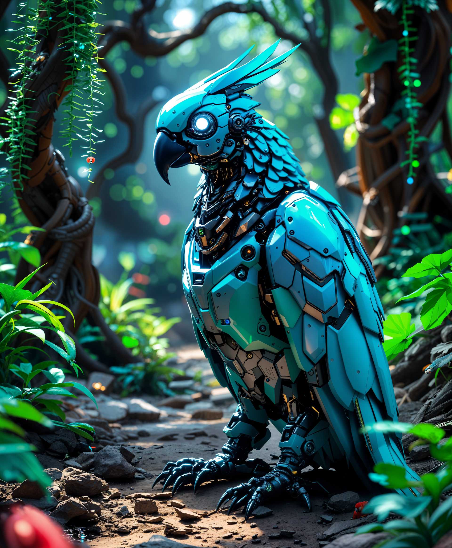 AI-generated image: **Subject**: A highly detailed mecha Parrot
**Setting**: Amidst the futuristic wild, with overgrown