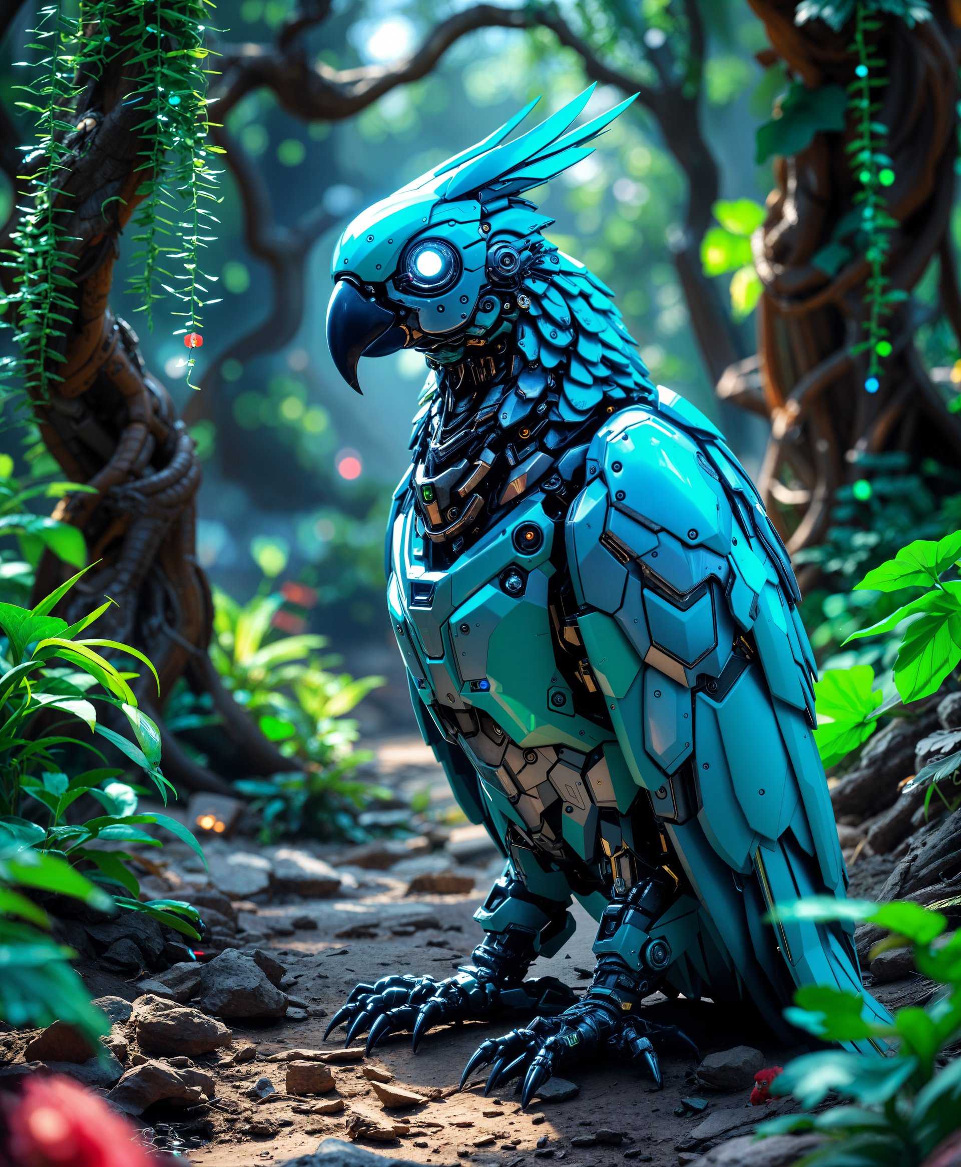 **Subject**: A highly detailed mecha Parrot

**Setting**: Amidst the futuristic wild, with overgrown neon-lit vegetation, holographic plants, and scattered mechanical debris. 

**Visual Details**:
- **Mecha Parrot**: Constructed from sleek, metallic materials with iridescent blue and green hues mimicking the natural colors of a parrot. Its eyes are glowing with a soft, intelligent light, and its feathers are composed of intricate, interlocking mechanical plates.
- **Environment**: The surrounding wilderness features bioluminescent flora, with trees made of twisted metal and glowing vines. The ground is a mix of dirt, rust, and synthetic material, reflecting a post-apocalyptic yet vibrant ecosystem.

**Style**: Cyberpunk with influences from Japanese anime and sci-fi aesthetics. The image should have a crisp, high-definition look, showcasing detailed textures and reflections on the mecha parts.

**Composition**:
- **Framing**: The mecha Parrot is positioned centrally, its gaze directed at the viewer, with its wings slightly spread, showcasing its mechanical complexity. 
- **Camera Angle**: Low angle shot to emphasize the imposing nature of the mecha Parrot, with a slight Dutch tilt to add dynamism to the scene.
- **Depth of Field**: A shallow depth of field, keeping the mecha Parrot in sharp focus while the background blurs, highlighting the contrast between the subject and its surroundings.

**Mood and Atmosphere**: 
- **Mood**: The atmosphere is one of awe, mystery, and a hint of danger, with the wild having reclaimed the ruins of a high-tech civilization.
- **Lighting**: Neon lighting from the plants casts a surreal glow, with the light sources creating sharp contrasts and casting long, dynamic shadows.

**Technical Aspects**: 
- **Focus**: Use selective focus to draw attention to the mecha Parrot's intricate details.
- **Color Palette**: Utilize a vivid palette with electric blues, greens, and neon pinks, set against darker, more muted backgrounds to make the subject pop.
- **Lens Flare**: Subtle lens flares from the neon lights to add to the futuristic ambiance.

**Cohesion**: The scene should blend the organic with the mechanical, creating a world where nature has adapted to coexist with technology, making the mecha Parrot an integral part of this new wild ecosystem.