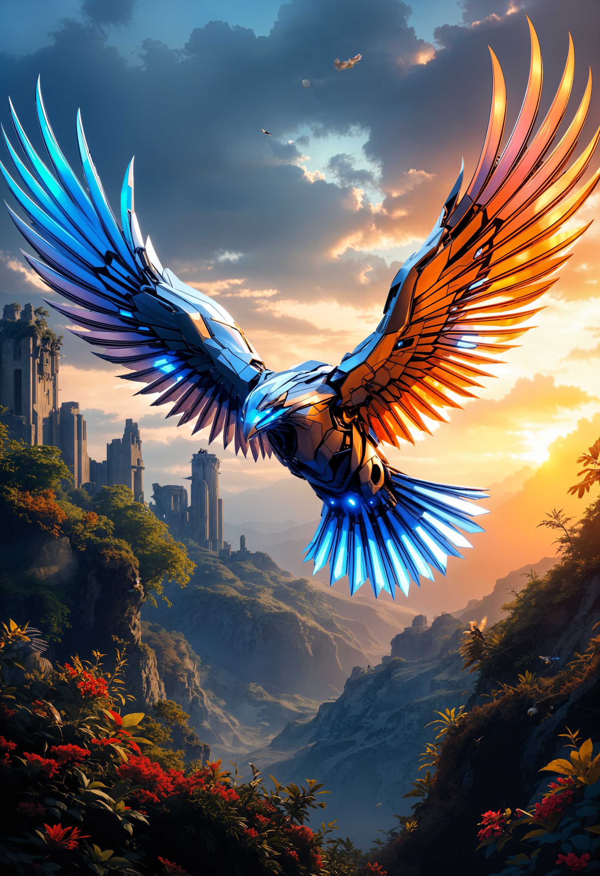 AI-generated image: A highly detailed digital painting of a **mecha eagle** soaring through the **futuristic wild**, its