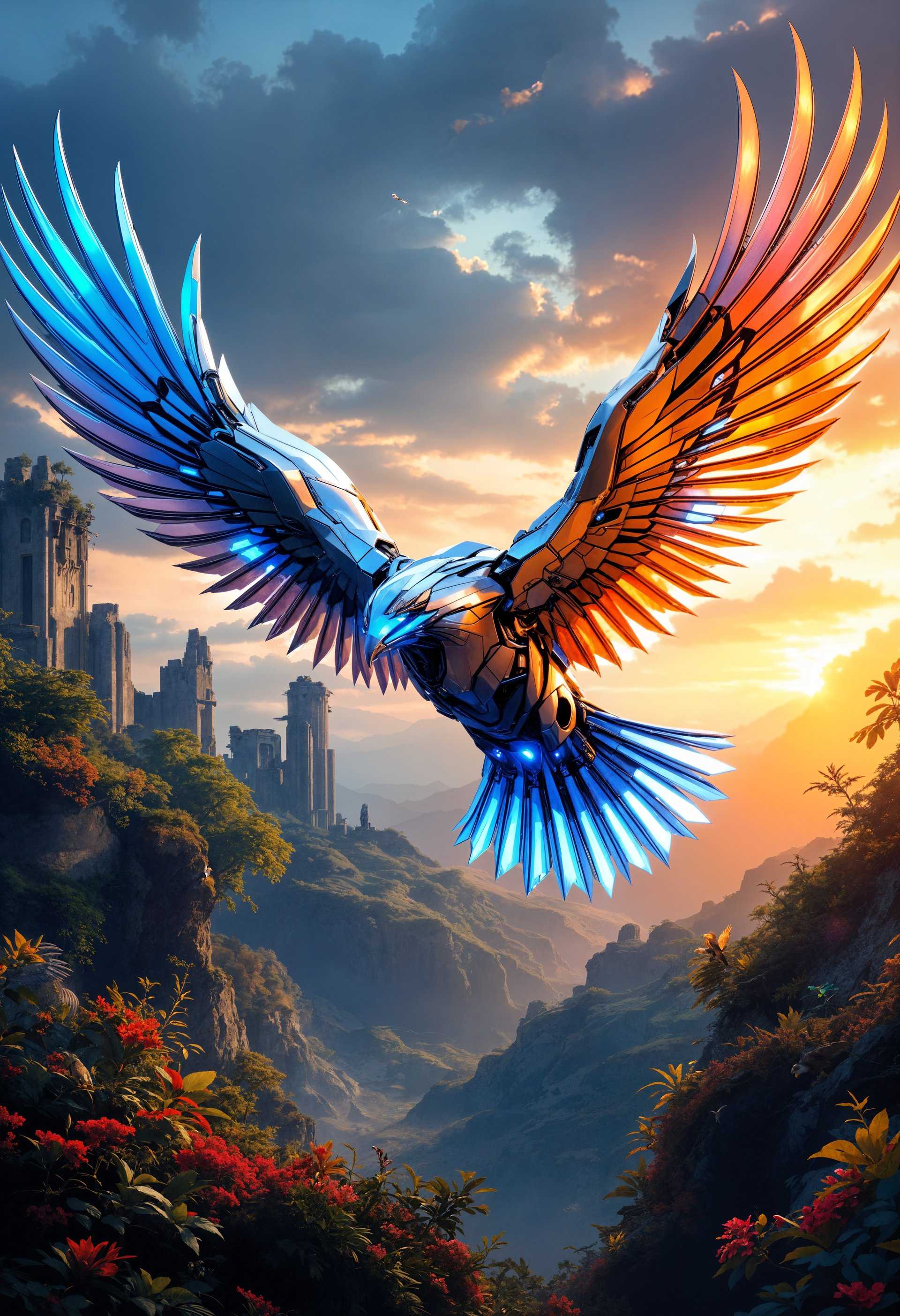 A highly detailed digital painting of a **mecha eagle** soaring through the **futuristic wild**, its sleek metallic feathers glinting under the **golden hour light**. 

- **Visual Details**: The eagle's body is a fusion of **polished chrome and brushed steel**, with **blue neon accents** highlighting its joints and eyes. Its wings are **broad, with intricate mechanical structures** mimicking the natural grace of an eagle in flight. The background showcases a **lush, overgrown landscape** with **futuristic ruins** partially hidden by **vibrant flora**.

- **Style**: The image should capture the essence of **cyberpunk aesthetics**, with elements reminiscent of **Yoshitaka Amano's fluid, ethereal lines** and **H.R. Giger's biomechanical details**. 

- **Composition**: The eagle is centered in the frame, its wings spread wide, filling the composition from side to side. The camera angle captures the bird from slightly below, emphasizing its majesty and power. The framing is tight, focusing on the eagle with the wild landscape sprawling behind.

- **Mood and Atmosphere**: The mood is **awe-inspiring** yet **slightly ominous**, as if the viewer has stumbled upon this magnificent creature in a world where nature has reclaimed technology. The light is **warm**, casting long shadows and giving the scene a **cinematic, post-apocalyptic feel**.

- **Technical Aspects**: Use **shallow depth of field** to blur the distant ruins and foliage, drawing focus to the sharply detailed eagle. Employ **dynamic lighting** with **high contrast** to highlight the mechanical textures and the organic elements. 

- **Cohesion**: The image should balance the **futuristic technology** with the **untamed wilderness**, creating a harmonious yet surreal scene where nature and machine coexist in a breathtaking display of power and beauty.