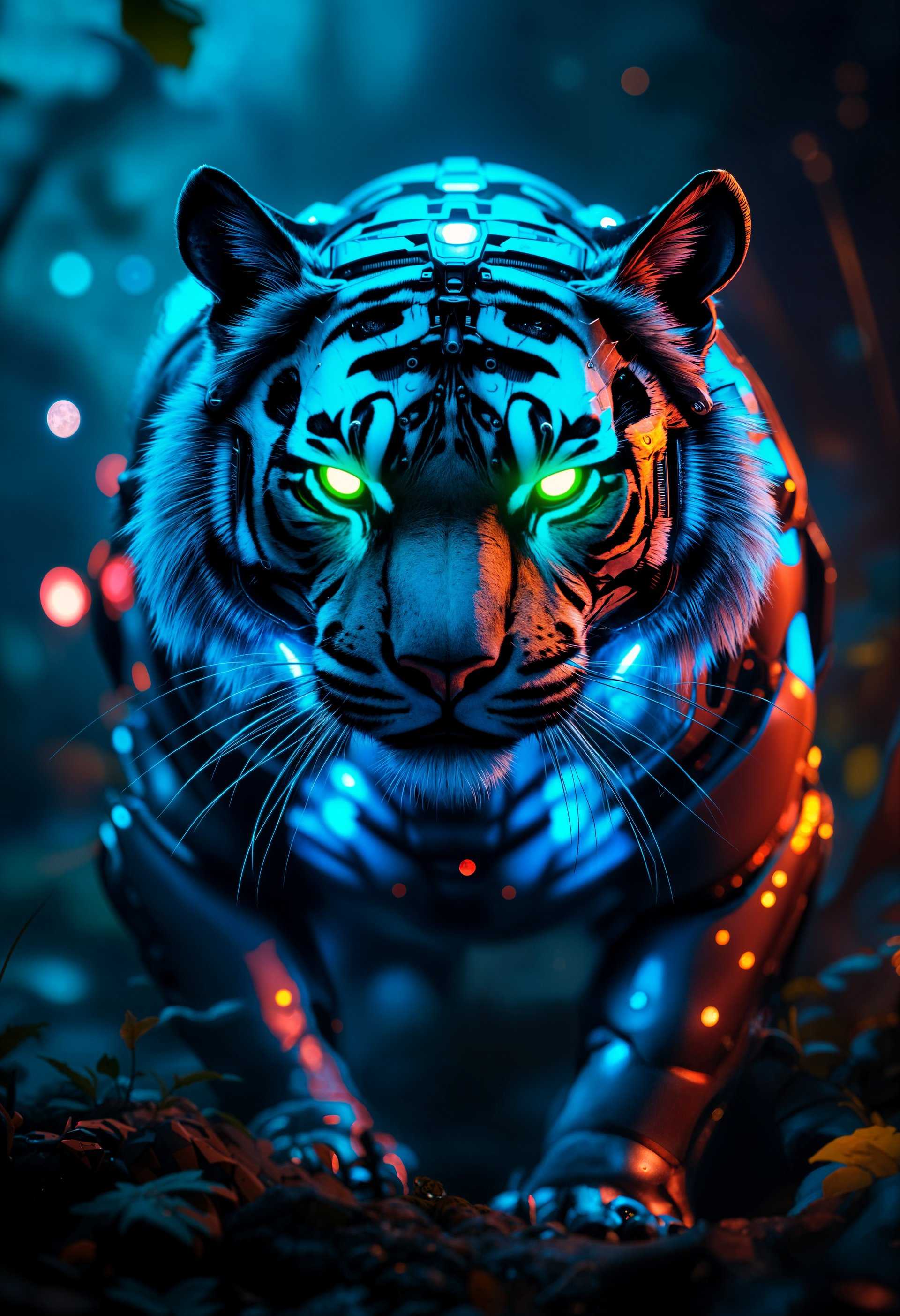 A highly detailed portrait of a mecha Tiger, rendered in a **futuristic style** reminiscent of **cyberpunk aesthetics**. The tiger's mechanical body gleams with **metallic silver and neon blue accents**, showcasing **intricate machinery** beneath a semi-transparent, **reflective surface**. Its eyes burn with **vibrant green LED light**, piercing through the **dense, misty environment** of a **futuristic wild** - an overgrown, post-apocalyptic landscape where nature has reclaimed the ruins of civilization.

- **Visual Details**: The mecha tiger's fur is replaced by **interlocking metal plates**, with **hydraulic muscles** visible under transparent armor. **Rust spots** and **wear patterns** add to the realism of this war machine turned into a guardian of the new wilderness. Neon lights from distant city ruins cast **soft, colorful glows** on the tiger, enhancing its otherworldly presence.

- **Composition**: The camera angle is **low**, looking up at the majestic beast, emphasizing its **size and power**. It stands atop a **crumbling skyscraper**, with **vines and moss** covering the structure, framing the tiger against a **hazy, smoggy sky**. The scene is **tightly framed** to focus on the tiger's face and upper body, with just enough background to establish the setting.

- **Mood and Atmosphere**: The atmosphere is **eerie yet majestic**, with **fog and mist** swirling around, creating a **mysterious and slightly ominous mood**. The time of day is **dusk**, with the last rays of sunlight mixing with artificial light from the remnants of human civilization, creating an **ethereal glow**.

- **Technical Aspects**: Use **soft focus** on the background to keep attention on the mecha tiger, with **high contrast** and **vibrant color saturation** to make the neon elements pop. Apply **bokeh effects** to lights in the background to enhance the depth of field. The image should appear as if **shot with a high-resolution camera**, capturing every mechanical detail with **HDR-like clarity**.

- **Cohesion**: The scene blends **nature's reclamation** with **human technology**, creating a seamless fusion where the mecha tiger feels both out of place and perfectly adapted to its environment, a guardian of this new, wild world.