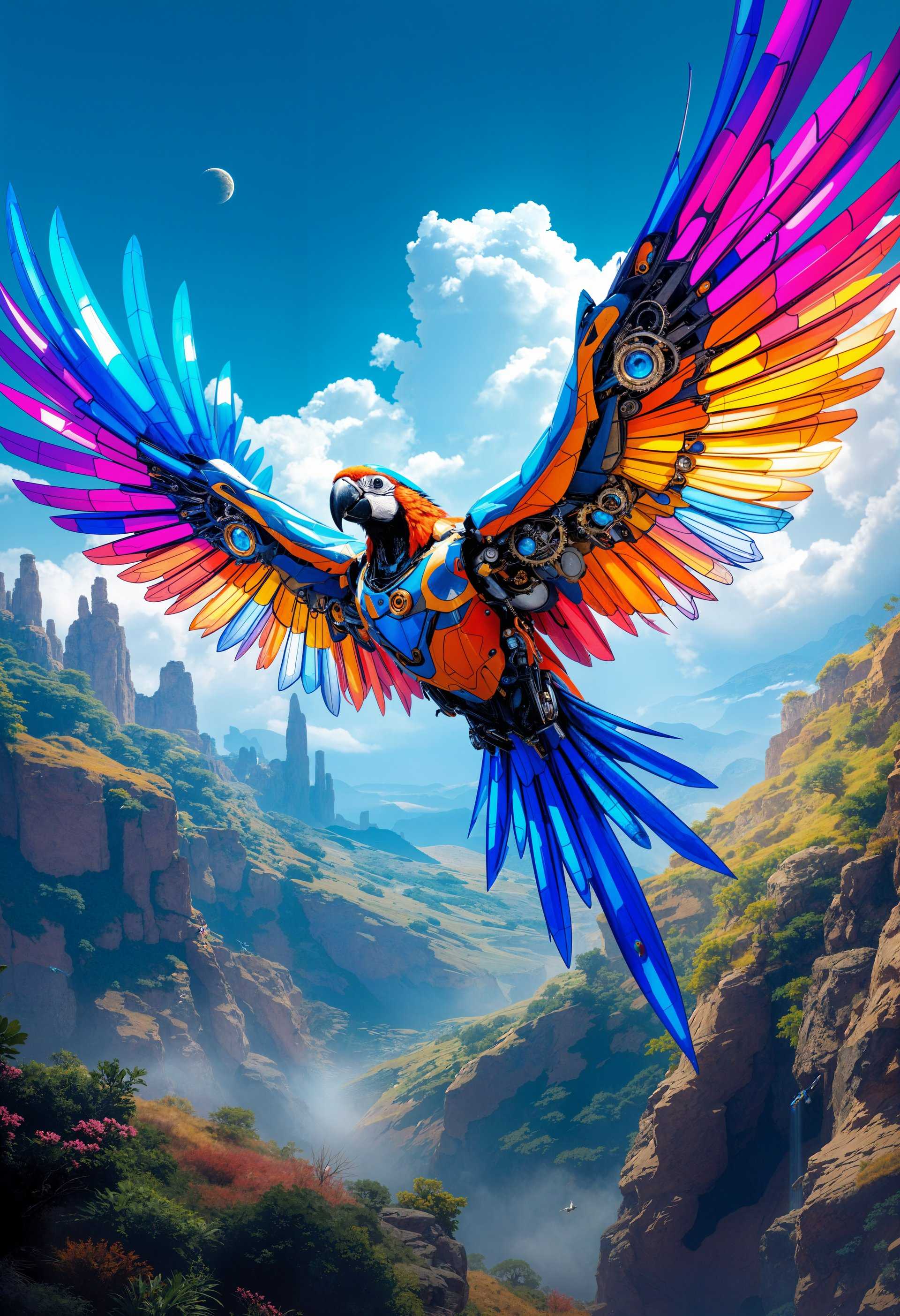 A stunningly detailed portrait of a **mecha-flying macaw** soaring through the **futuristic wilderness**. The macaw's sleek, metallic feathers are painted in vibrant, iridescent colors that catch the light, casting prismatic reflections. The intricate **mechanical wings** are articulated with gears and pistons, visible through translucent sections, revealing the inner workings in a **steampunk-inspired** design. 

**Artistic Style:** The image adopts a **hyper-realistic** approach with elements of **cyberpunk**, blending organic and mechanical forms seamlessly. The style should evoke the feel of a **digital painting** with a high resolution finish, reminiscent of the work by artists like **H.R. Giger** and **Simon Stålenhag**.

**Composition:** The macaw is the focal point, centered in the frame with its wings spread wide. The camera angle is slightly below, looking up to emphasize the grandeur and scale of the mecha-bird. In the background, a **futuristic landscape** with towering, neon-lit structures partially obscured by lush, wild vegetation. 

**Mood and Atmosphere:** The scene is set during a **golden hour**, with the sun setting, casting long shadows and bathing the scene in warm, orange hues, creating a **nostalgic yet futuristic** atmosphere. A light mist or fog adds depth and a touch of mystery, enhancing the otherworldly feel of the setting.

**Technical Aspects:** Employ **bokeh effect** in the background to blur out the intricate details of the futuristic city, focusing attention on the macaw. Use **dynamic range** to capture the contrast between the bright highlights on the bird's feathers and the darker, shadowed areas of the environment. 

**Visual Details:** The macaw's eyes are bright, LED-like, with a subtle glow, reflecting its artificial intelligence. The feathers should have a **metallic sheen**, and the mechanical parts should show signs of wear and use, giving the bird a lived-in look. 

**Cohesion:** The scene should blend the organic with the mechanical, creating a believable ecosystem where nature and technology coexist. The lighting, textures, and colors should all work together to evoke a sense of wonder and awe at the seamless integration of technology into the natural world.