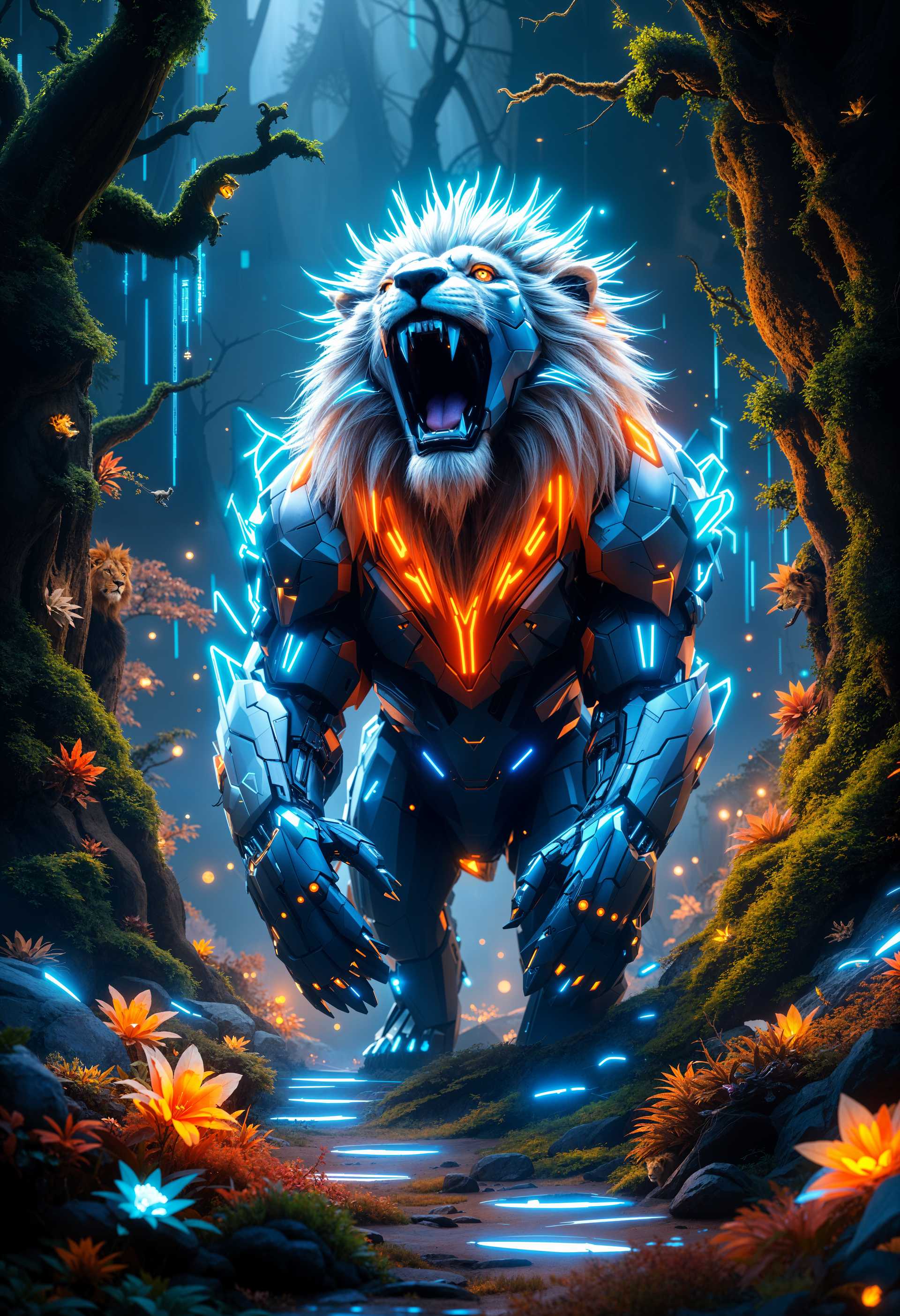 AI-generated image: **Subject:** A mecha Lion, standing majestically in a futuristic wild landscape, roaring with intens