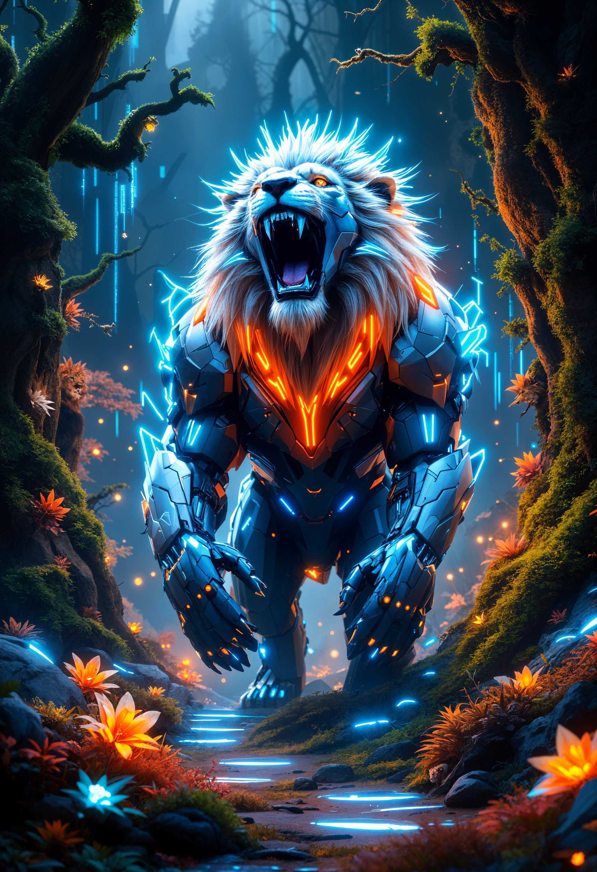 **Subject:** A mecha Lion, standing majestically in a futuristic wild landscape, roaring with intense energy.

**Visual Details:**
- **Mecha Lion:** Constructed from sleek, metallic alloys with a fusion of organic and mechanical elements. Its fur is replaced by shimmering, armor-like plating in shades of gunmetal grey, with accents of neon blue and bright orange, reminiscent of a high-tech, cybernetic organism. The lion's mane is a dynamic array of sharp, articulated metal spines that glow faintly with internal lighting.
- **Futuristic Wild:** The environment is a blend of nature and advanced technology. Trees are interspersed with towering, organic-looking structures that seem to grow from the ground, covered in vines and moss, yet clearly synthetic. The ground is a mix of lush grass and transparent, glowing pathways, with holographic flora adding to the surreal atmosphere.

**Style:**
- **Cyberpunk with elements of Art Nouveau:** The image should evoke a sense of a futuristic world where technology and nature coexist in harmony, drawing inspiration from the intricate, flowing lines of Art Nouveau but infused with the high-tech, neon-lit aesthetic of cyberpunk.

**Composition:**
- **Camera Angle:** Low angle shot to emphasize the mecha lion's dominance and grandeur, with the viewer looking up at the roaring beast.
- **Framing:** The lion is framed by the futuristic wild, with elements of the environment leading the eye towards the lion, creating a focal point. The background should be slightly blurred to focus on the lion, yet still visible enough to convey the setting.

**Mood and Atmosphere:**
- **Time of Day:** Twilight, where the sky is painted in deep purples and blues, contrasting with the neon glow from the lion's mechanical parts and the environment.
- **Weather:** A light mist or fog envelops the scene, adding a layer of mystery and enhancing the otherworldly feel.
- **Ambiance:** The roar of the lion should be palpable, echoing through the futuristic wilderness, creating a sense of awe, power, and the wild beauty of this new world.

**Technical Aspects:**
- **Lighting:** Use of rim lighting to highlight the edges of the mecha lion, creating a silhouette effect against the twilight sky. The internal lights of the lion and the environment should provide ambient lighting, casting soft, ethereal glows.
- **Depth of Field:** Shallow depth of field to keep the lion in sharp focus while the background remains slightly blurred, emphasizing the subject's importance and presence.
- **Resolution:** High resolution to capture the
